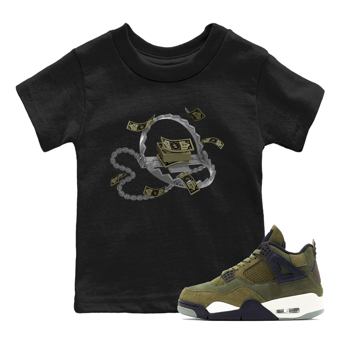 Air Jordan 4 Medium Olive shirt to match jordans streetwear brand Trap Money sneaker tees AJ4Medium Olive Drip Gear Zone Baby Toddler Black 1 T-Shirt