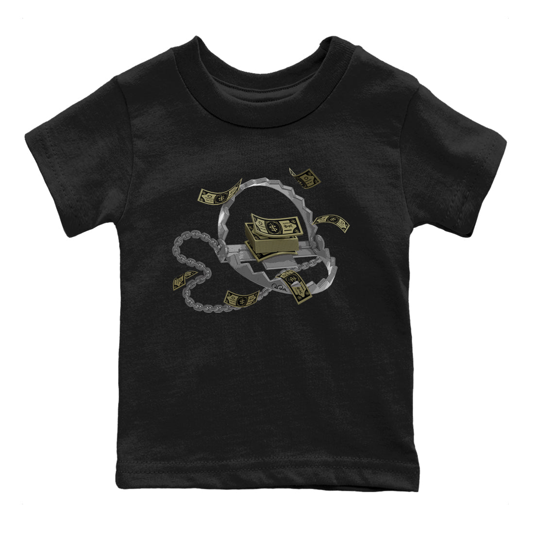 Air Jordan 4 Medium Olive shirt to match jordans streetwear brand Trap Money sneaker tees AJ4Medium Olive Drip Gear Zone Baby Toddler Black 2 T-Shirt