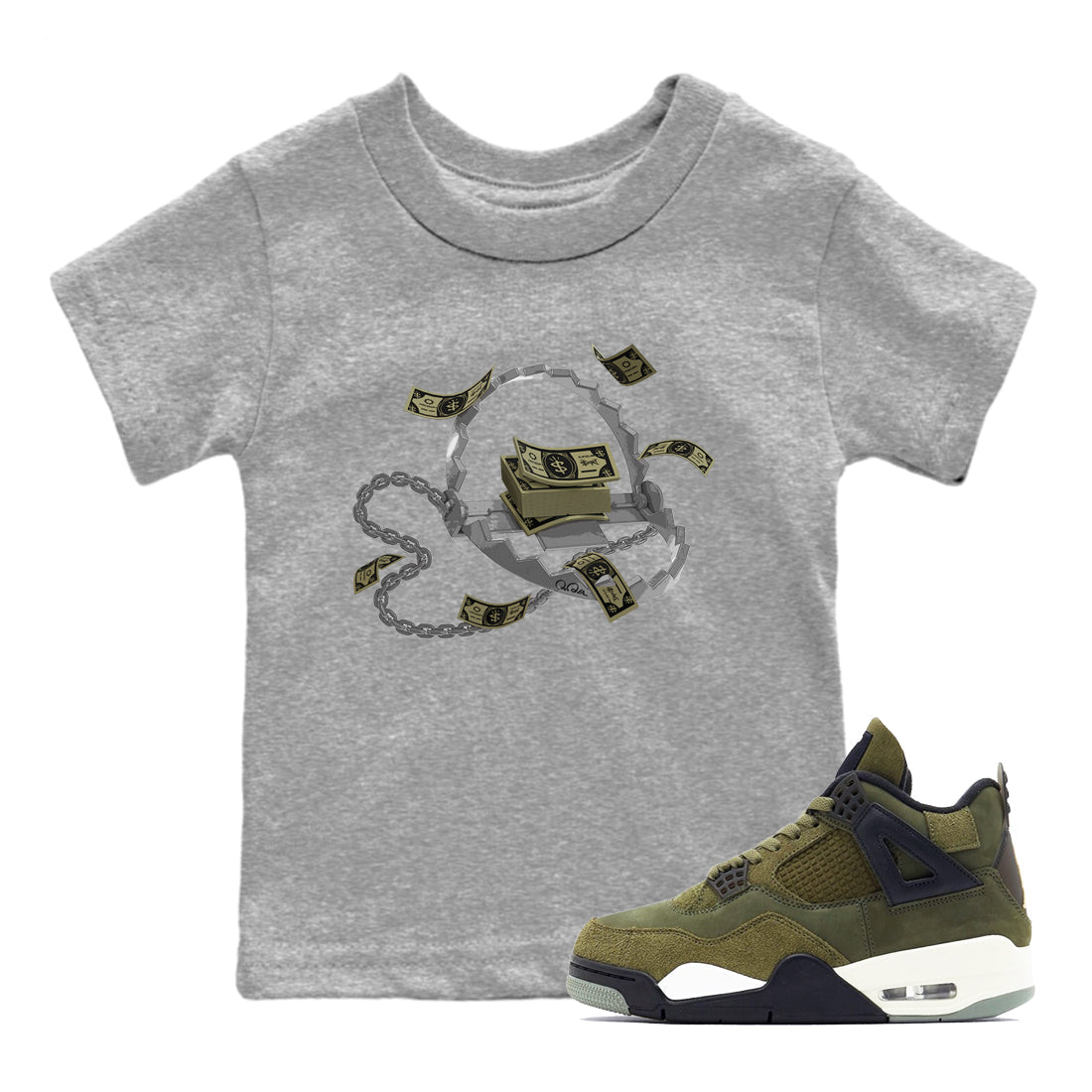 Air Jordan 4 Medium Olive shirt to match jordans streetwear brand Trap Money sneaker tees AJ4Medium Olive Drip Gear Zone Baby Toddler Heather Grey 1 T-Shirt