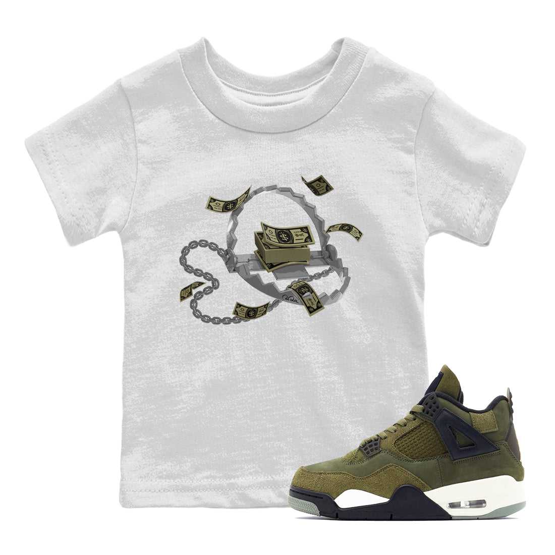 Air Jordan 4 Medium Olive shirt to match jordans streetwear brand Trap Money sneaker tees AJ4Medium Olive Drip Gear Zone Baby Toddler White 1 T-Shirt