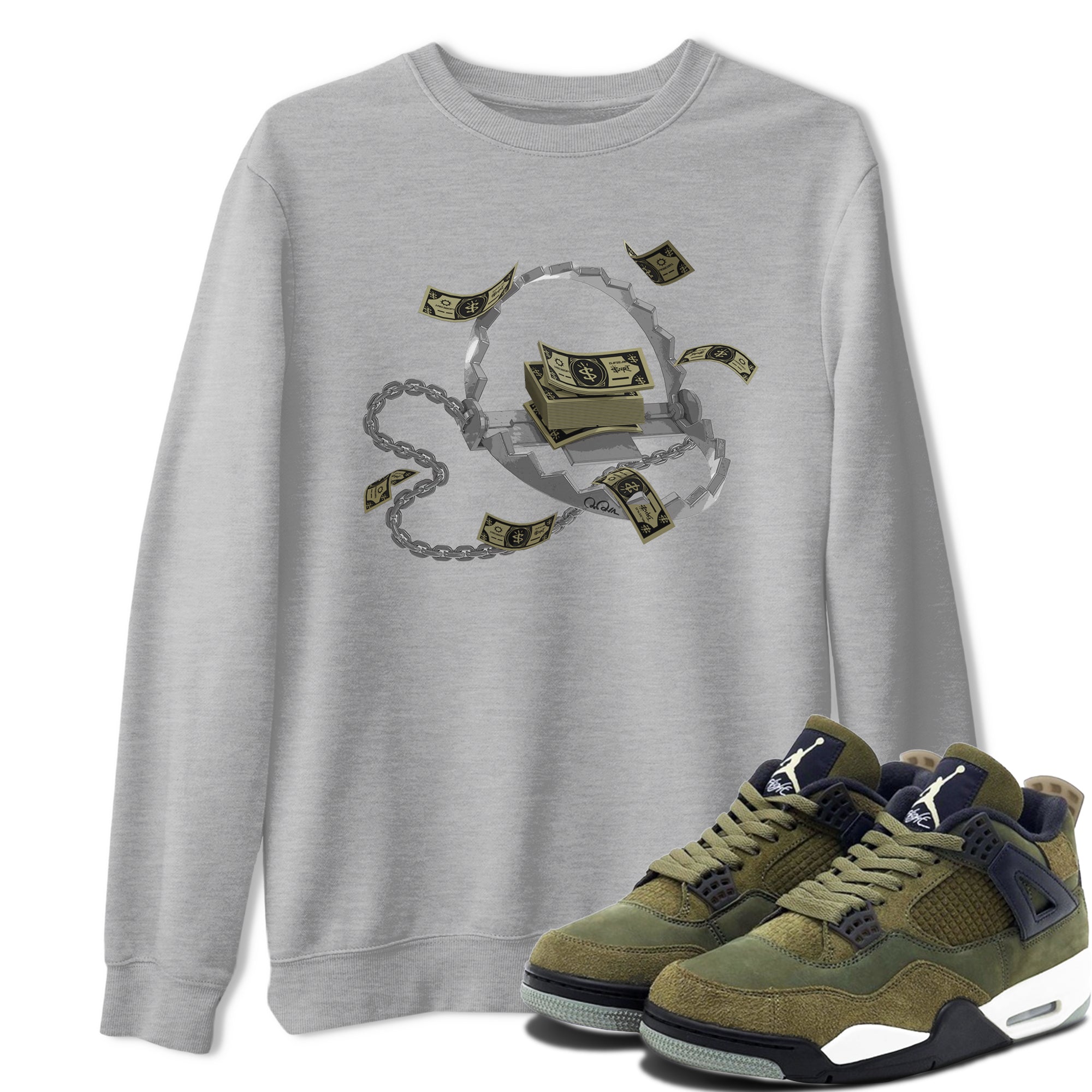 Air Jordan 4 Medium Olive shirt to match jordans streetwear brand Trap Money sneaker tees AJ4Medium Olive Drip Gear Zone Unisex Heather Grey 1 T-Shirt