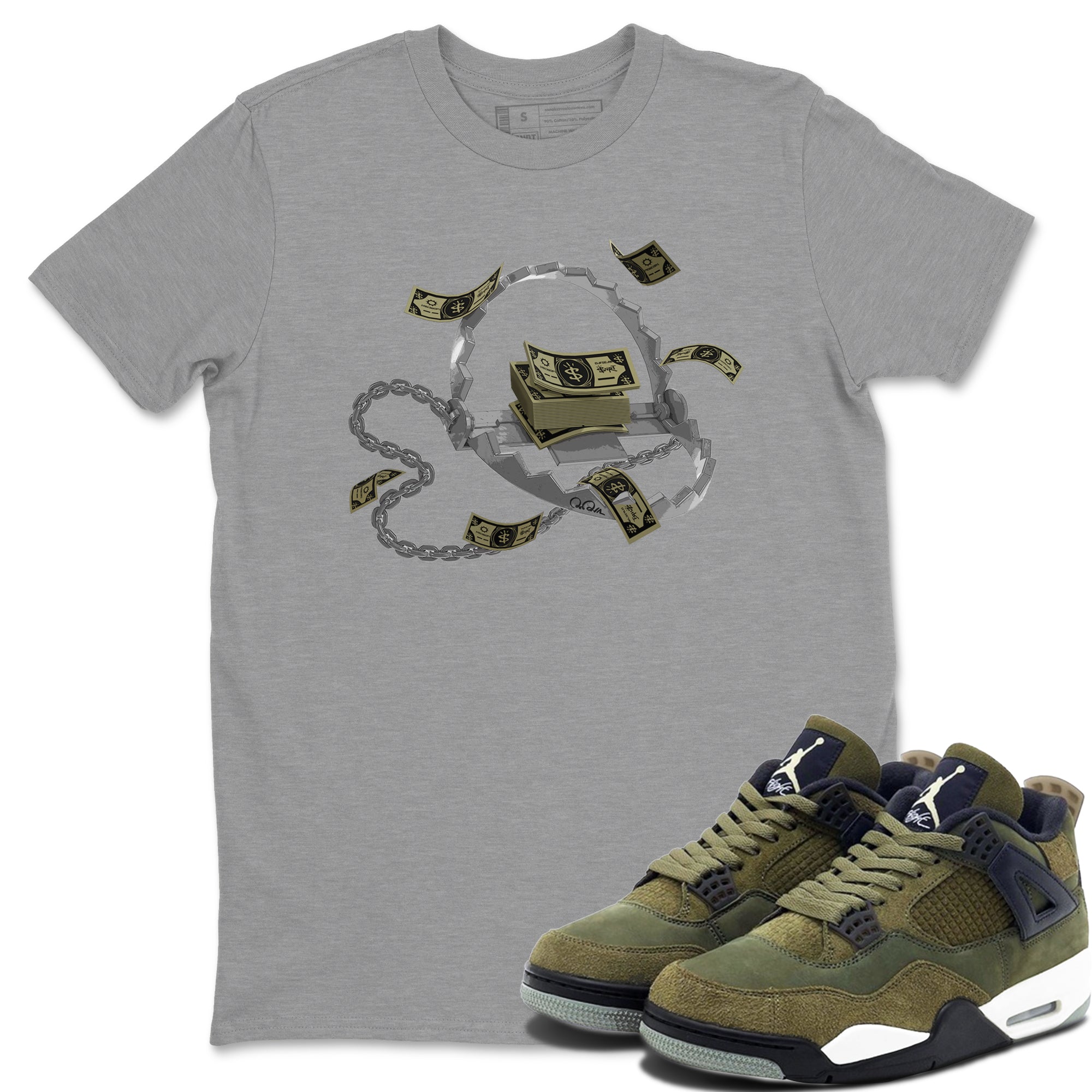 Air Jordan 4 Medium Olive shirt to match jordans streetwear brand Trap Money sneaker tees AJ4Medium Olive Drip Gear Zone Unisex Heather Grey 1 T-Shirt