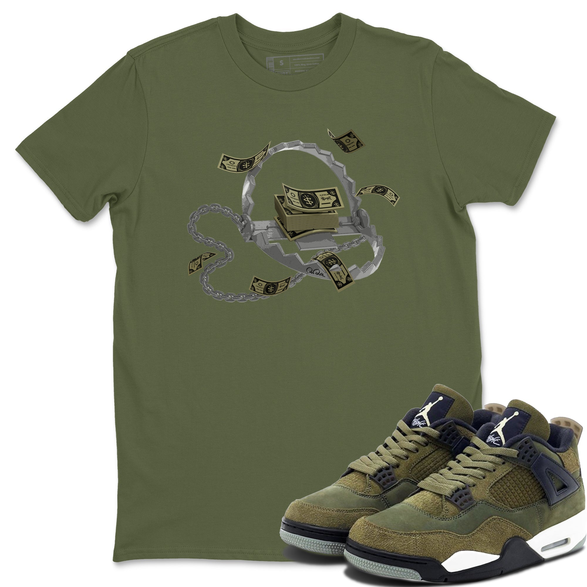 Air Jordan 4 Medium Olive shirt to match jordans streetwear brand Trap Money sneaker tees AJ4Medium Olive Drip Gear Zone Unisex Military Green 1 T-Shirt