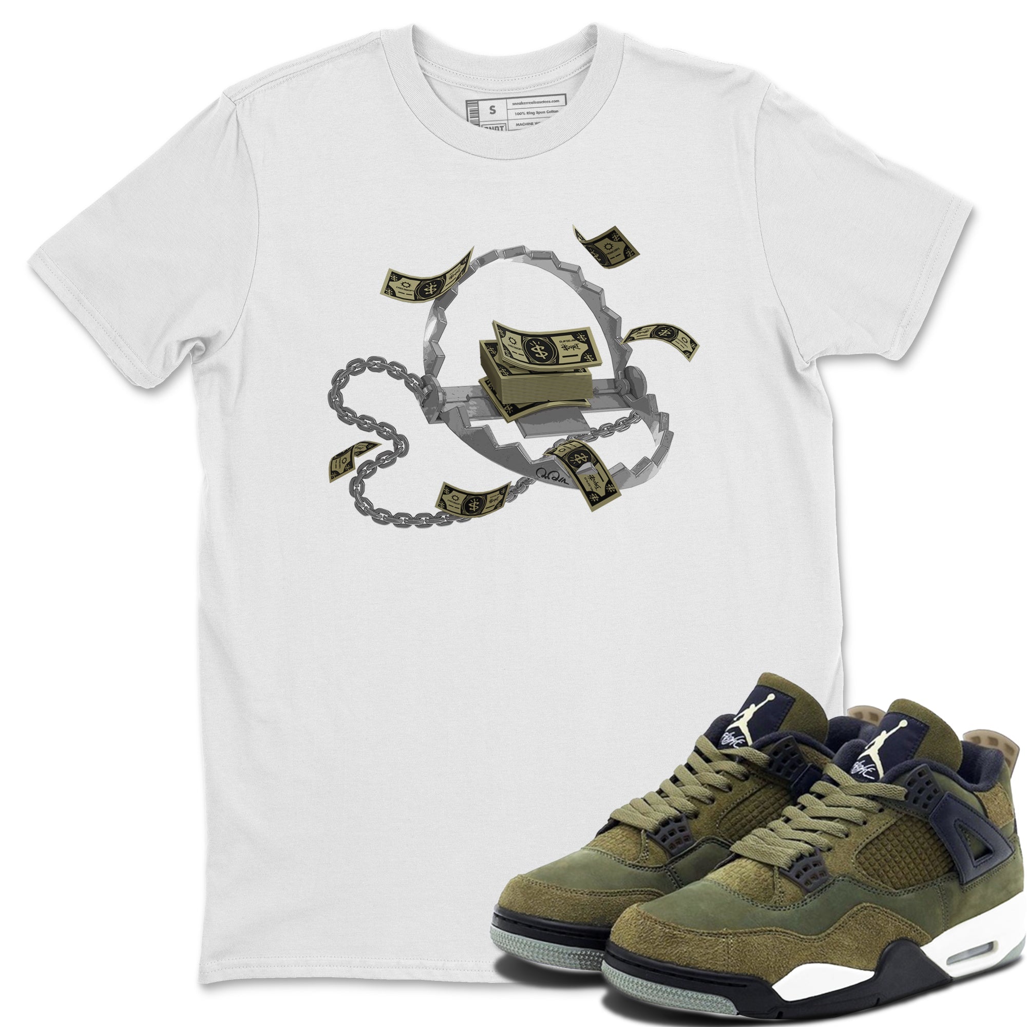 Air Jordan 4 Medium Olive shirt to match jordans streetwear brand Trap Money sneaker tees AJ4Medium Olive Drip Gear Zone Unisex White 1 T-Shirt