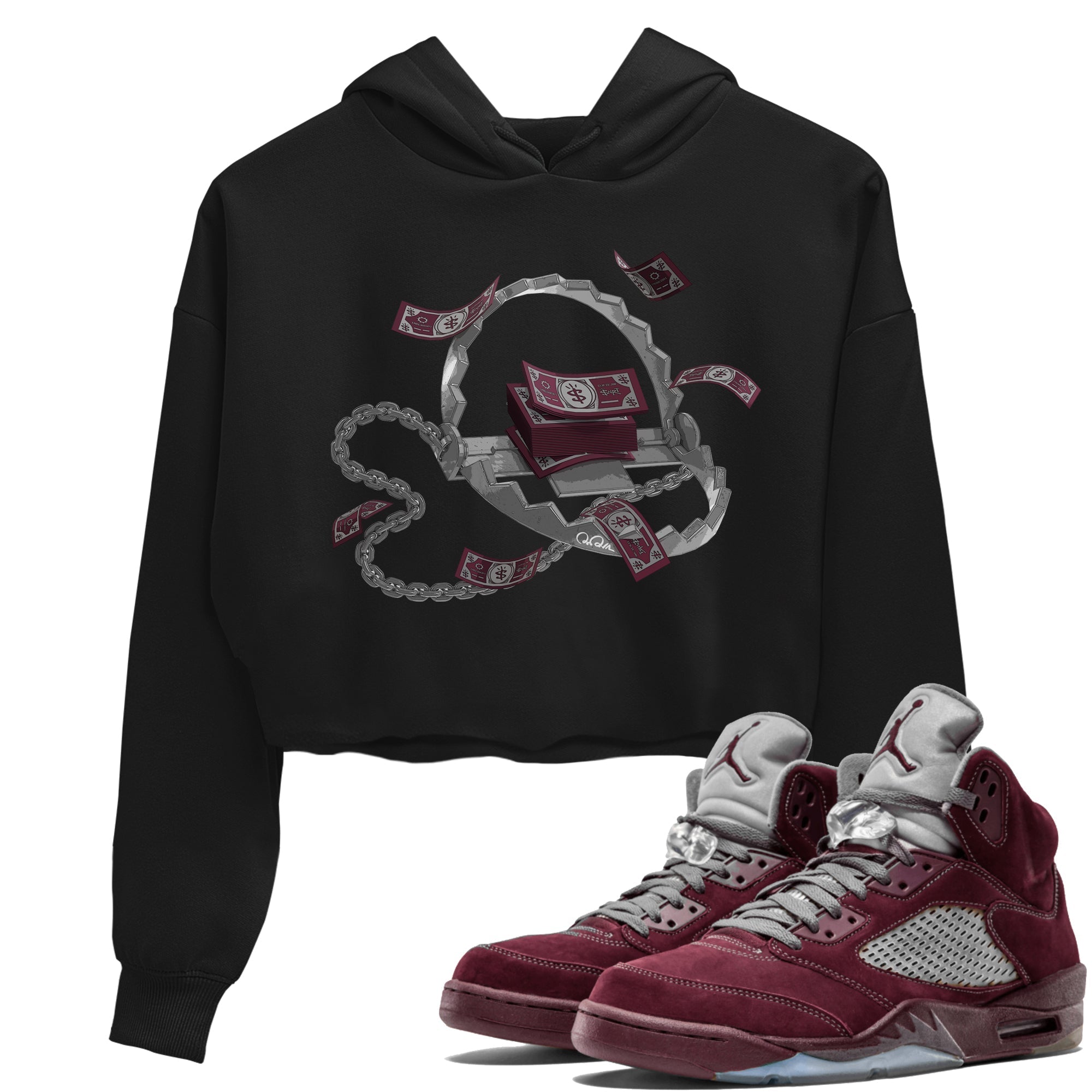 Air Jordan 5 Burgundy Sneaker Match Tees Trap Money Streetwear Sneaker Shirt AJ5 Burgundy Sneaker Release Tees Women's Shirts Black 1