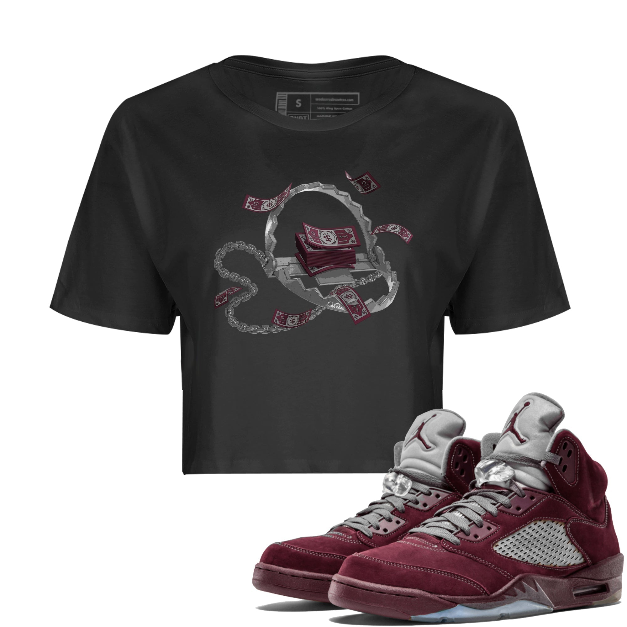 Air Jordan 5 Burgundy Sneaker Match Tees Trap Money Streetwear Sneaker Shirt AJ5 Burgundy Sneaker Release Tees Women's Shirts Black 1