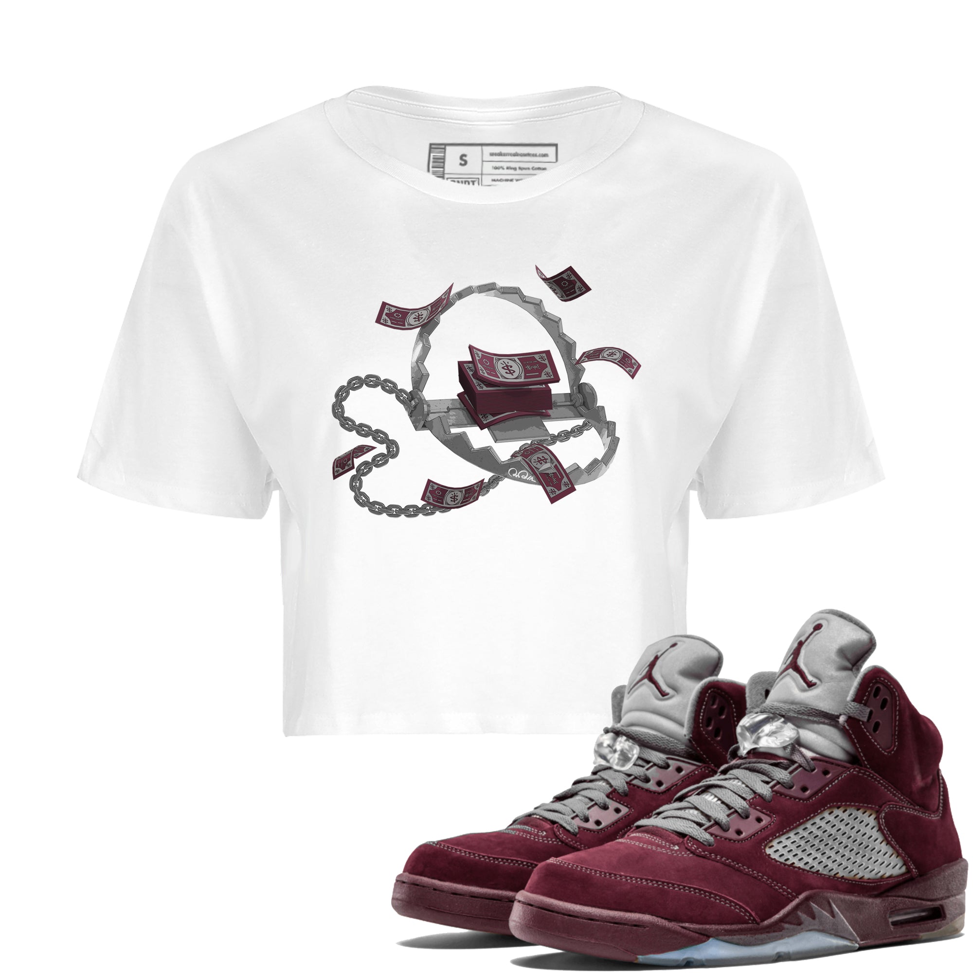 Air Jordan 5 Burgundy Sneaker Match Tees Trap Money Streetwear Sneaker Shirt AJ5 Burgundy Sneaker Release Tees Women's Shirts White 1