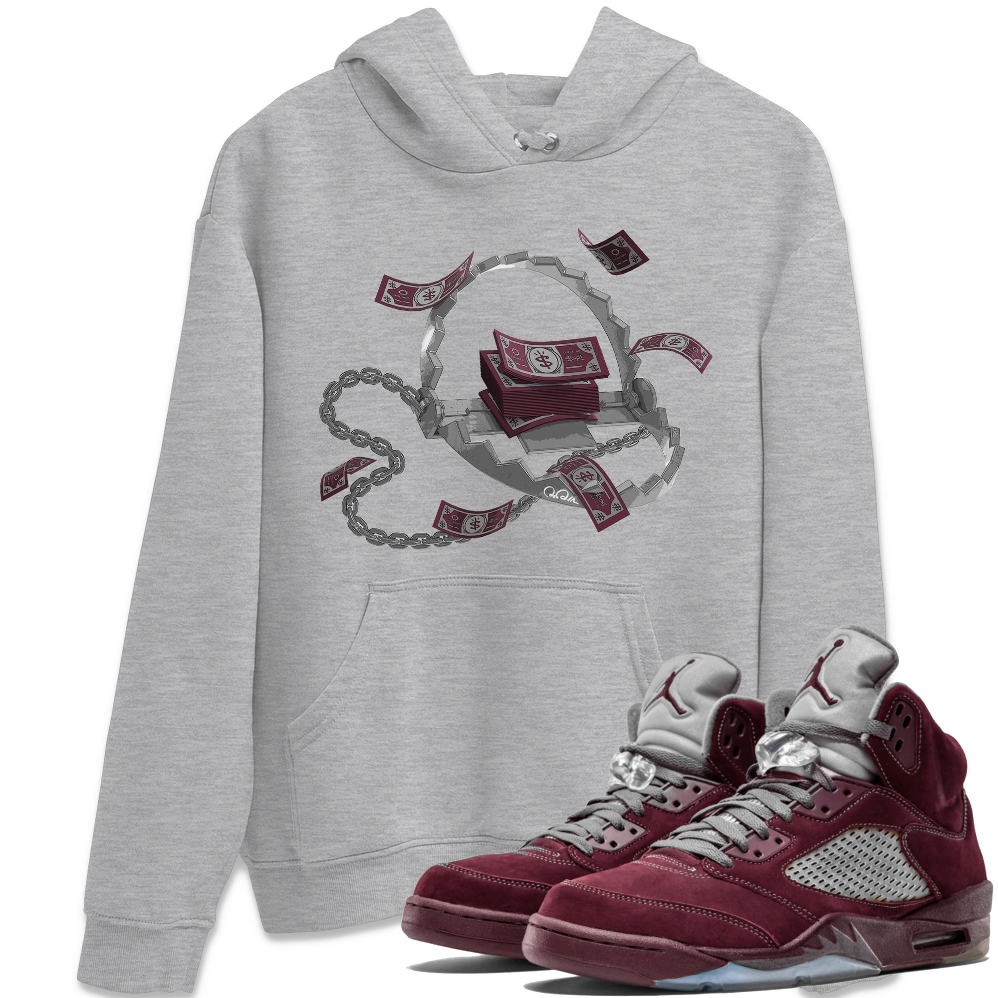 Air Jordan 5 Burgundy Sneaker Match Tees Trap Money Streetwear Sneaker Shirt AJ5 Burgundy Sneaker Release Tees Unisex Shirts Heather Grey 1