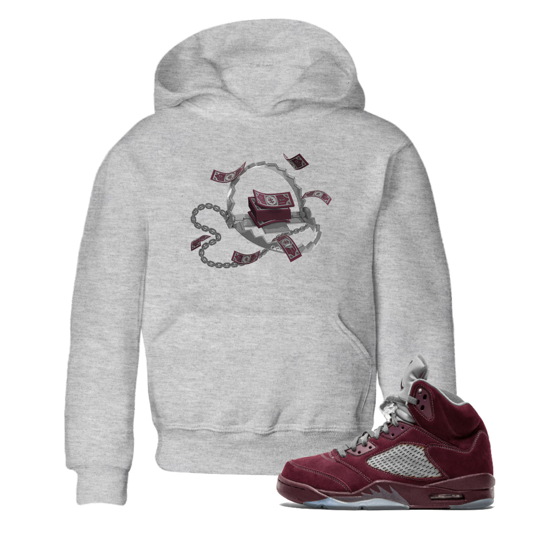 Air Jordan 5 Burgundy Sneaker Match Tees Trap Money Streetwear Sneaker Shirt AJ5 Burgundy Sneaker Release Tees Kids Shirts Heather Grey 1