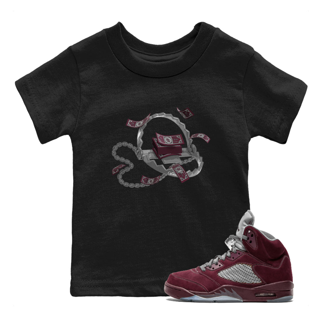 Air Jordan 5 Burgundy Sneaker Match Tees Trap Money Streetwear Sneaker Shirt AJ5 Burgundy Sneaker Release Tees Kids Shirts Black 1