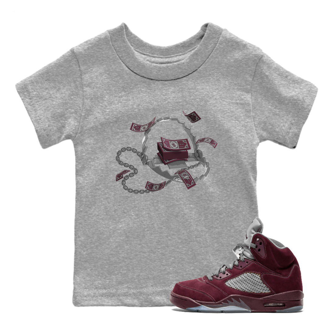 Air Jordan 5 Burgundy Sneaker Match Tees Trap Money Streetwear Sneaker Shirt AJ5 Burgundy Sneaker Release Tees Kids Shirts Heather Grey 1