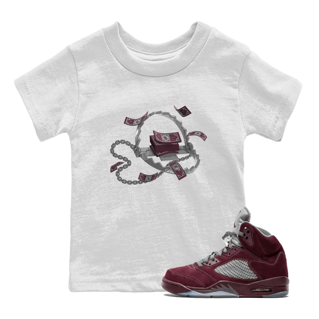 Air Jordan 5 Burgundy Sneaker Match Tees Trap Money Streetwear Sneaker Shirt AJ5 Burgundy Sneaker Release Tees Kids Shirts White 1