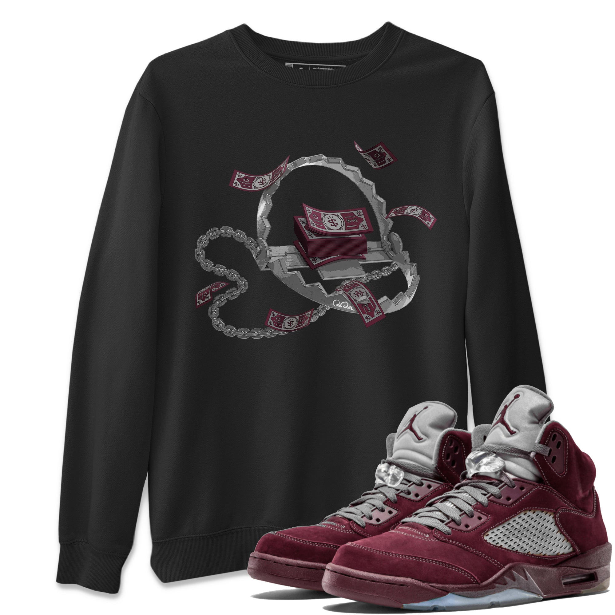 Air Jordan 5 Burgundy Sneaker Match Tees Trap Money Streetwear Sneaker Shirt AJ5 Burgundy Sneaker Release Tees Unisex Shirts Black 1