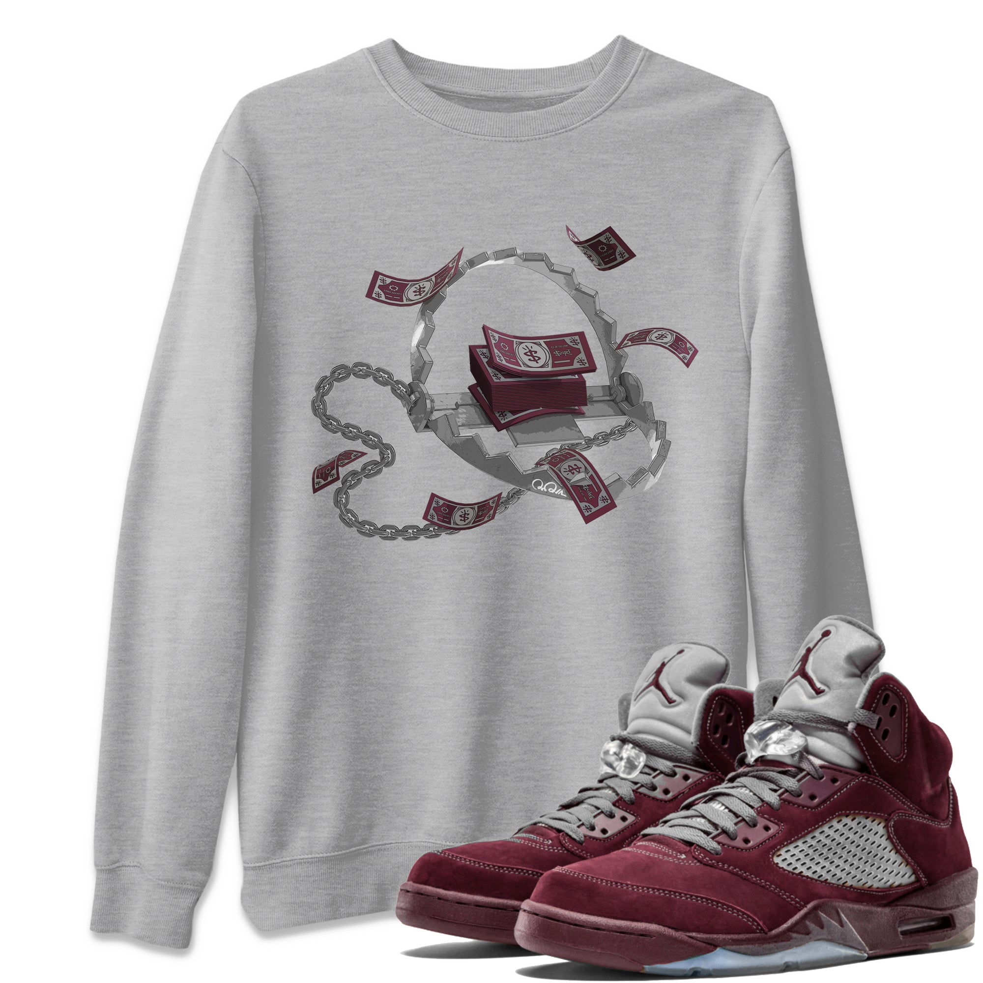 Air Jordan 5 Burgundy Sneaker Match Tees Trap Money Streetwear Sneaker Shirt AJ5 Burgundy Sneaker Release Tees Unisex Shirts Heather Grey 1