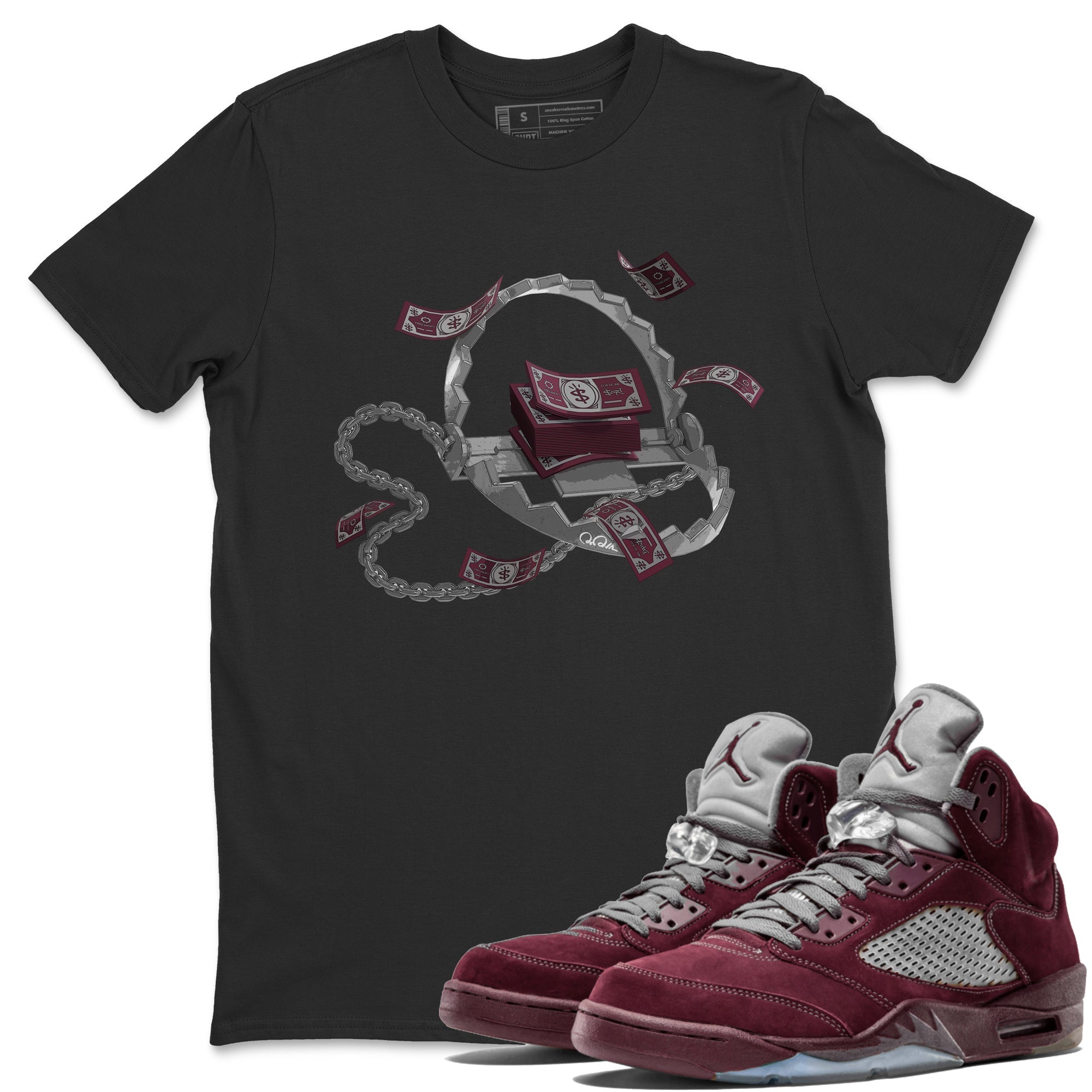 Air Jordan 5 Burgundy Sneaker Match Tees Trap Money Streetwear Sneaker Shirt AJ5 Burgundy Sneaker Release Tees Unisex Shirts Black 1