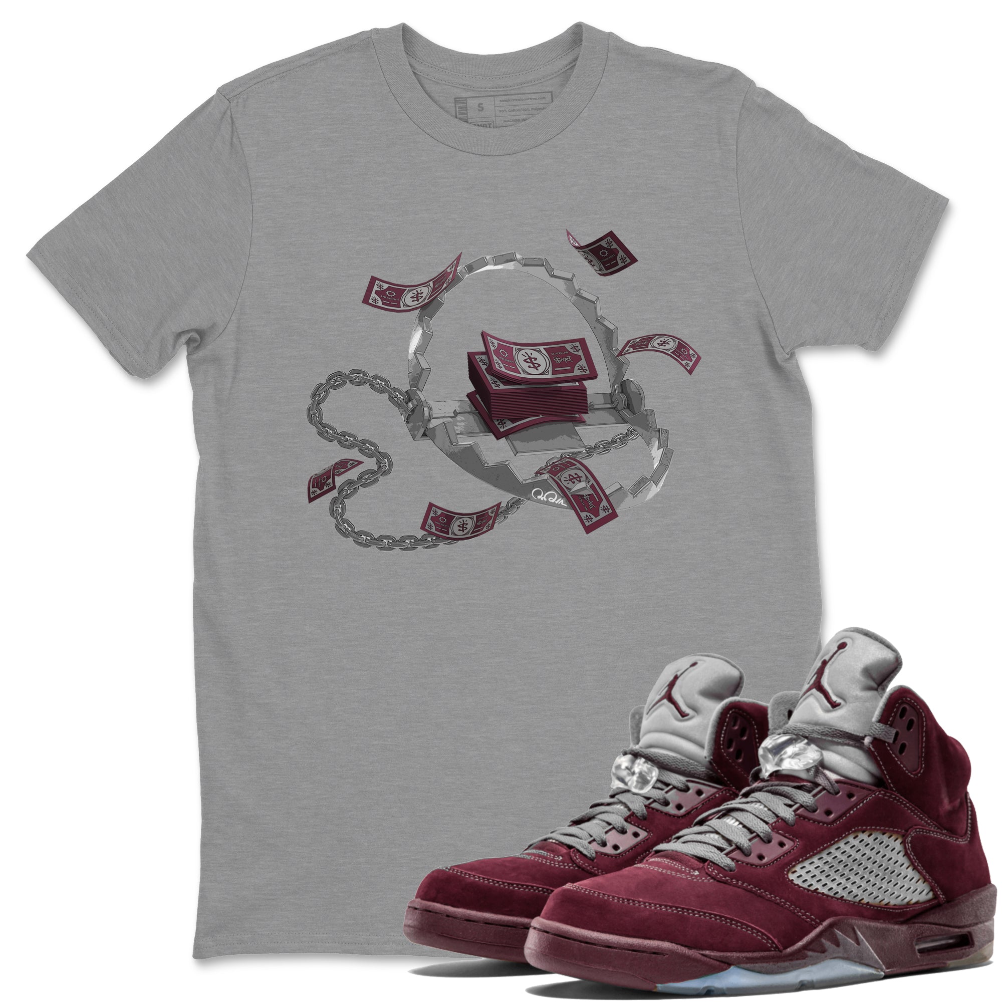 Air Jordan 5 Burgundy Sneaker Match Tees Trap Money Streetwear Sneaker Shirt AJ5 Burgundy Sneaker Release Tees Unisex Shirts Heather Grey 1