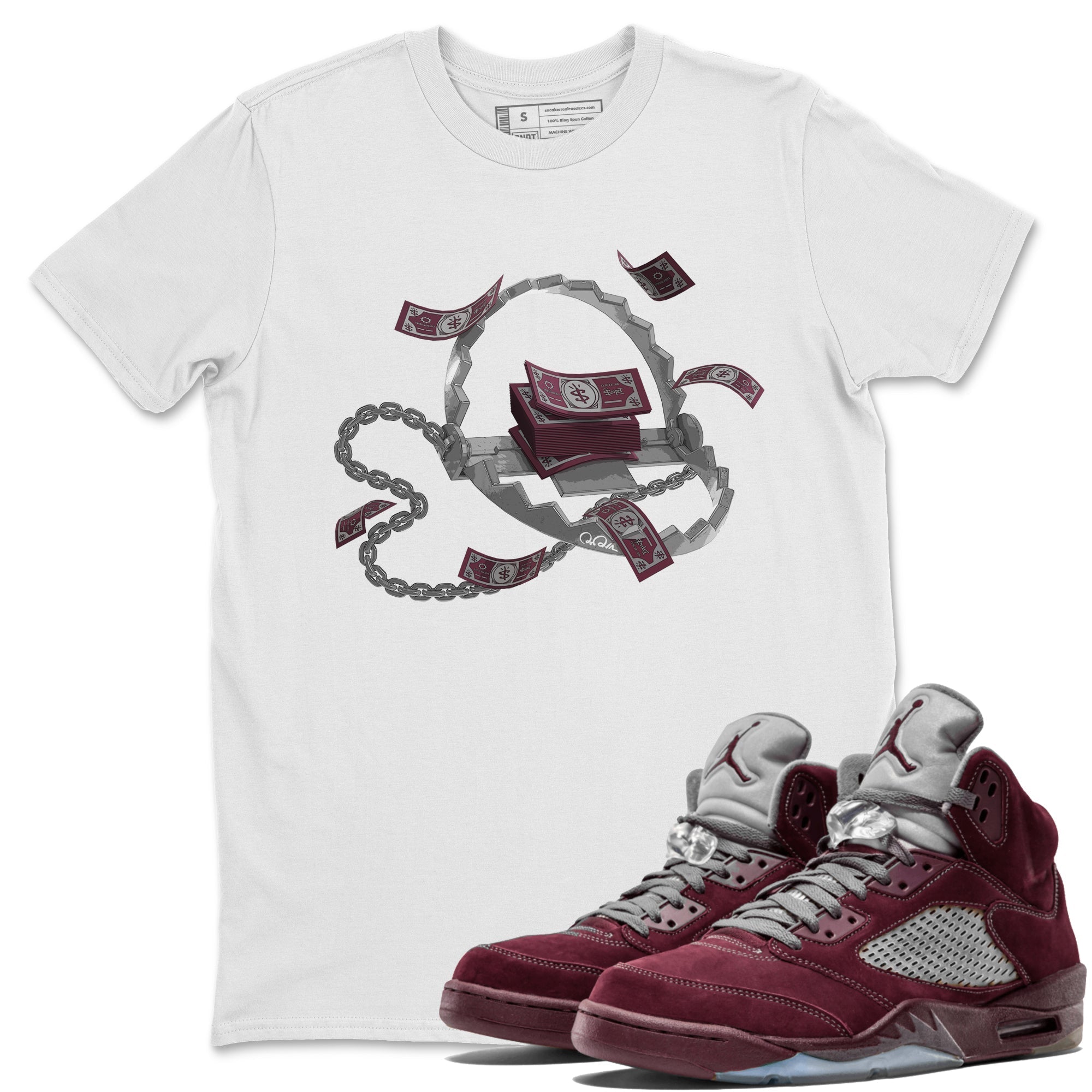 Air Jordan 5 Burgundy Sneaker Match Tees Trap Money Streetwear Sneaker Shirt AJ5 Burgundy Sneaker Release Tees Unisex Shirts White 1