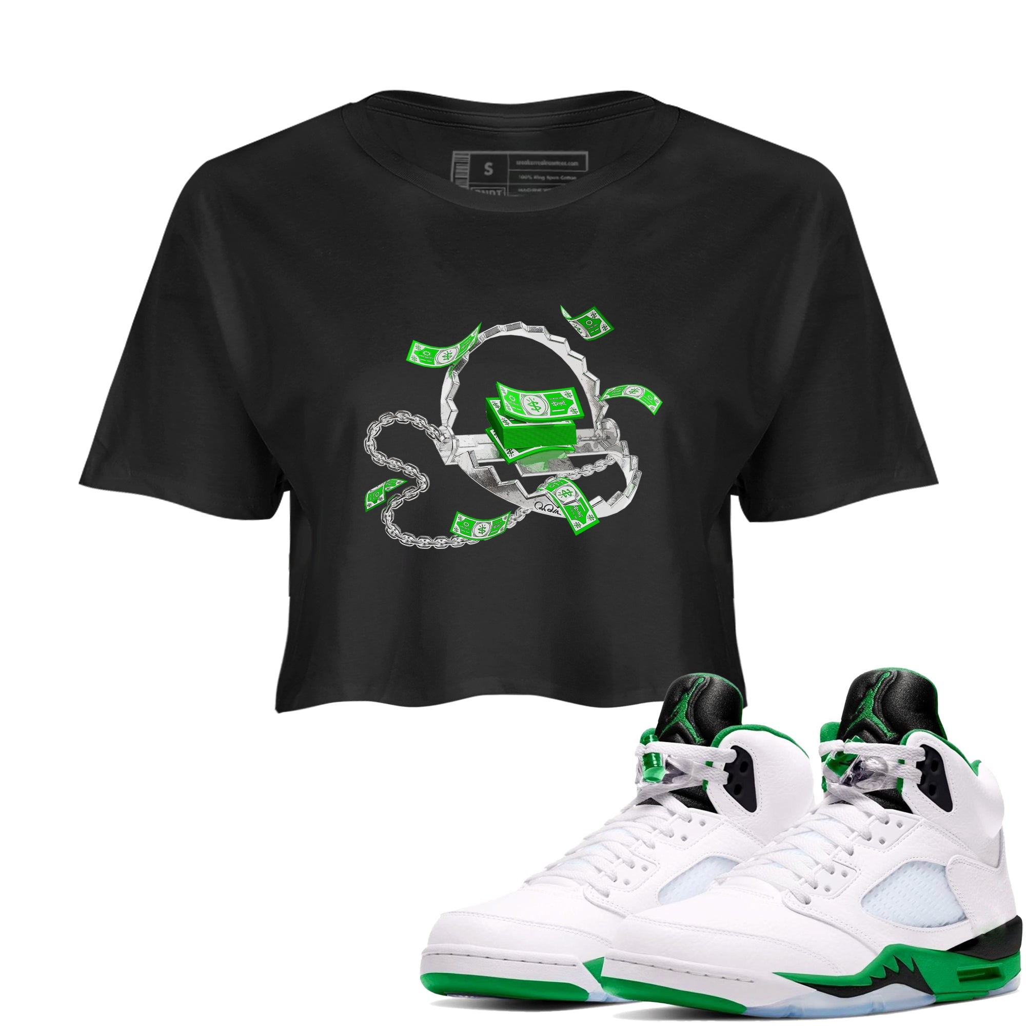 Air Jordan 5 Lucky Green shirt to match jordans Trap Money sneaker tees AJ5 Lucky Green Drip Gear Zone Black 1 crop length shirt