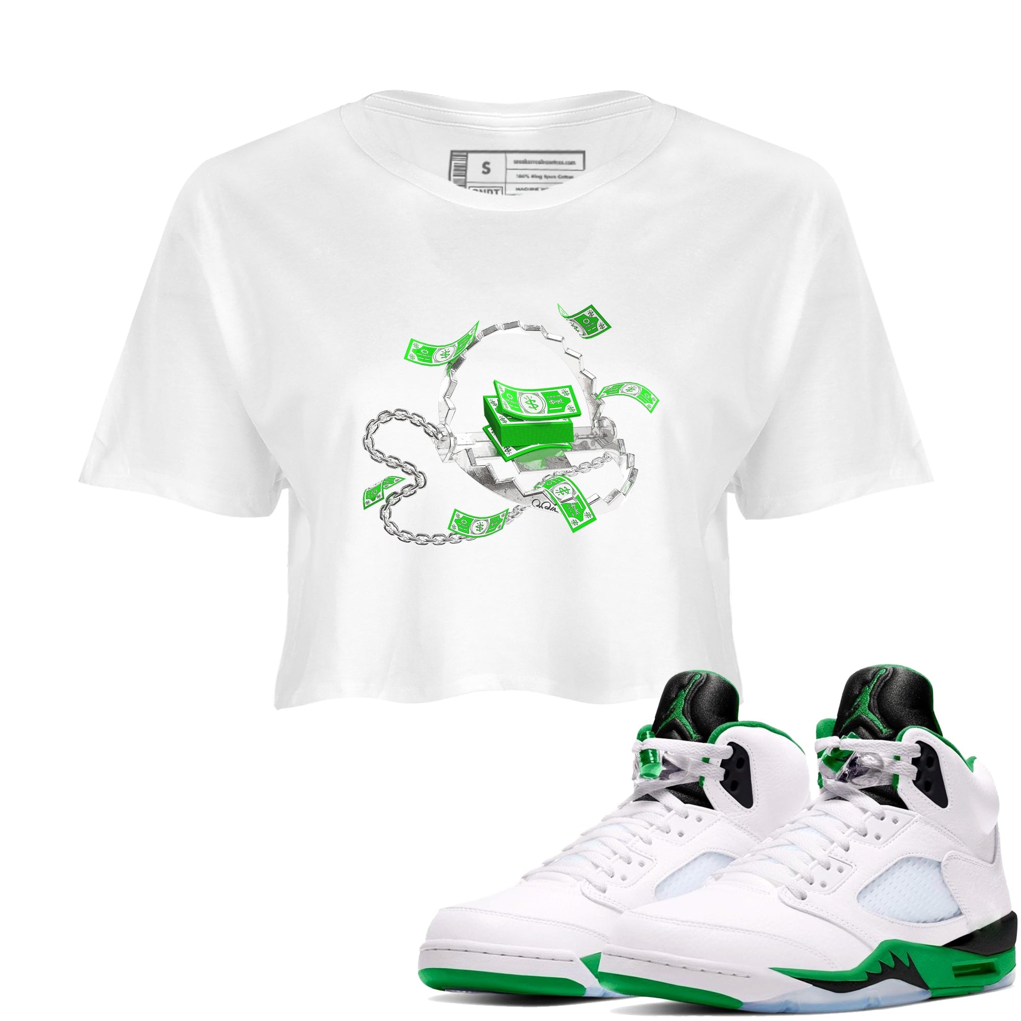 Air Jordan 5 Lucky Green shirt to match jordans Trap Money sneaker tees AJ5 Lucky Green Drip Gear Zone White 1 crop length shirt