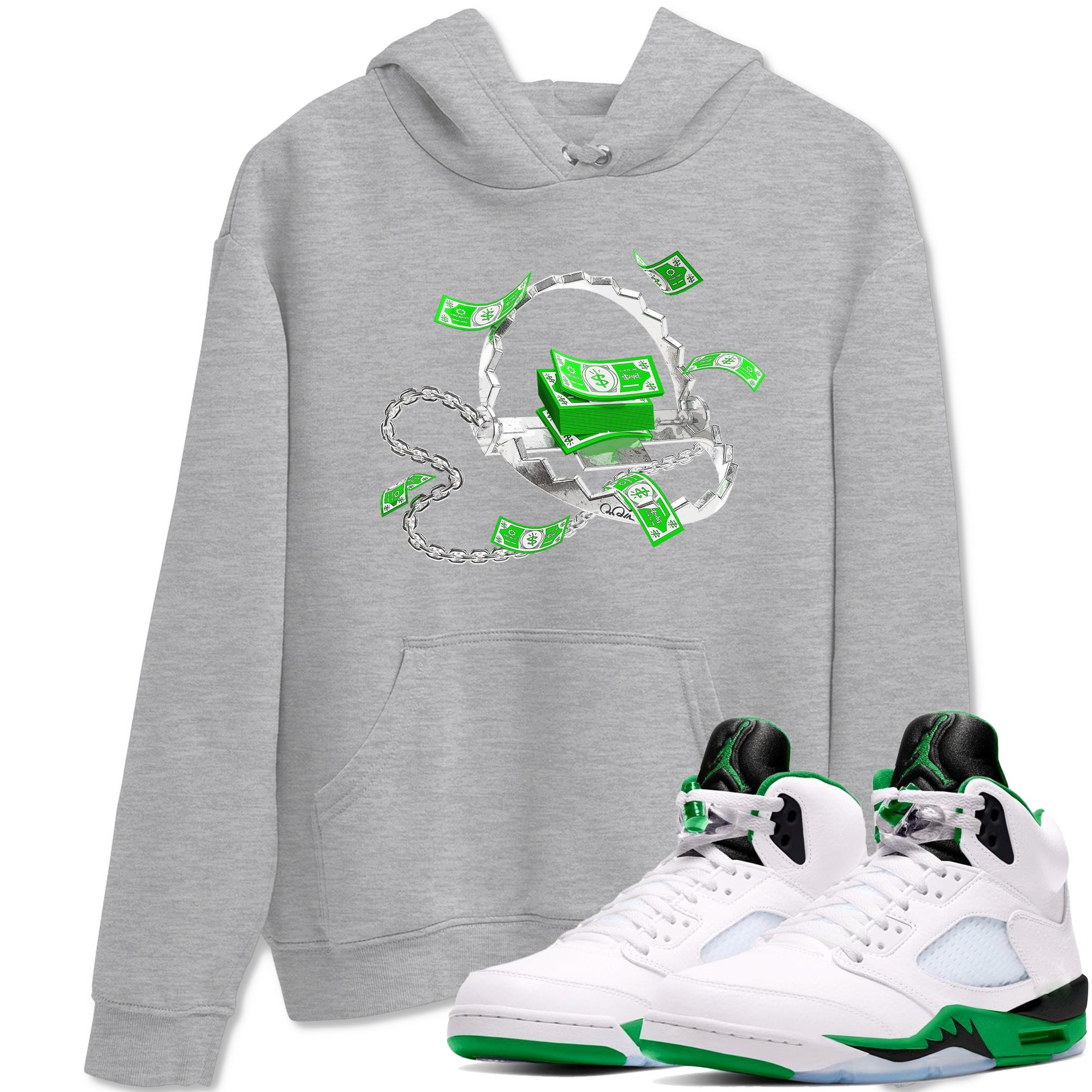 Air Jordan 5 Lucky Green shirt to match jordans Trap Money sneaker tees AJ5 Lucky Green Drip Gear Zone unisex cotton Heather Grey 1 crew neck shirt