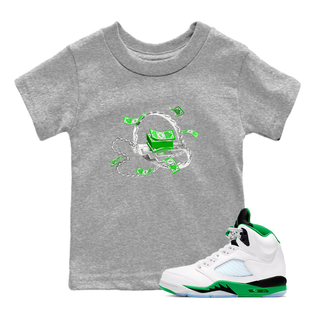 Air Jordan 5 Lucky Green shirt to match jordans Trap Money sneaker tees AJ5 Lucky Green Drip Gear Zone baby toddler Heather Grey 1 cotton Shirt