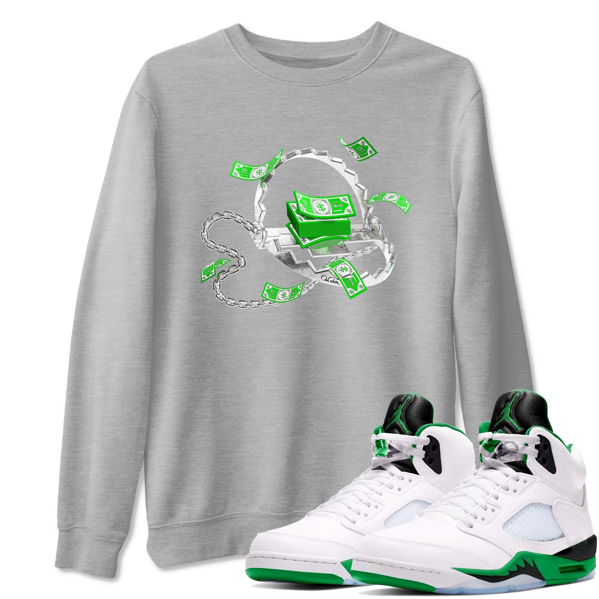 Air Jordan 5 Lucky Green shirt to match jordans Trap Money sneaker tees AJ5 Lucky Green Drip Gear Zone unisex cotton Heather Grey 1 crew neck shirt