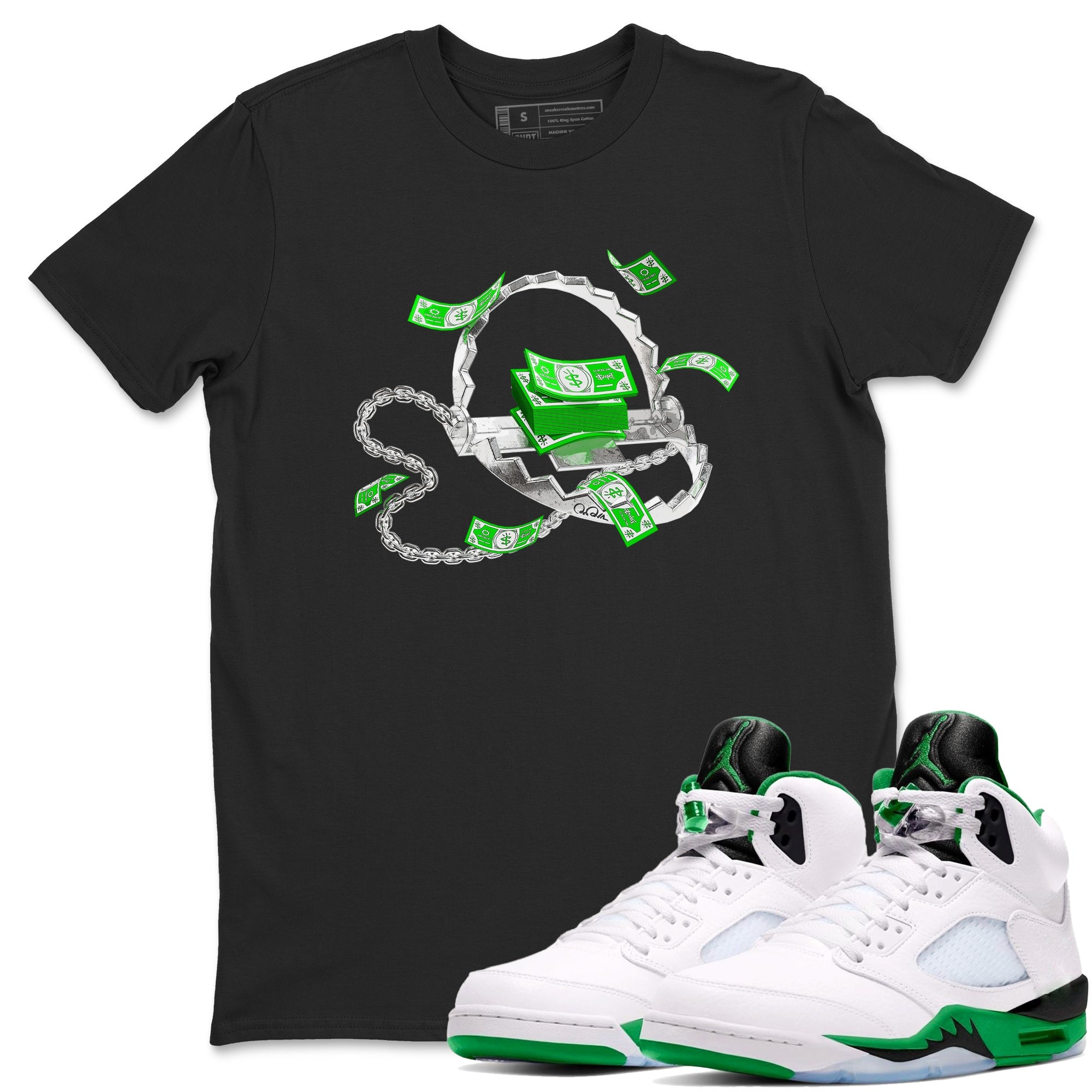 Air Jordan 5 Lucky Green shirt to match jordans Trap Money sneaker tees AJ5 Lucky Green Drip Gear Zone unisex cotton Black 1 crew neck shirt