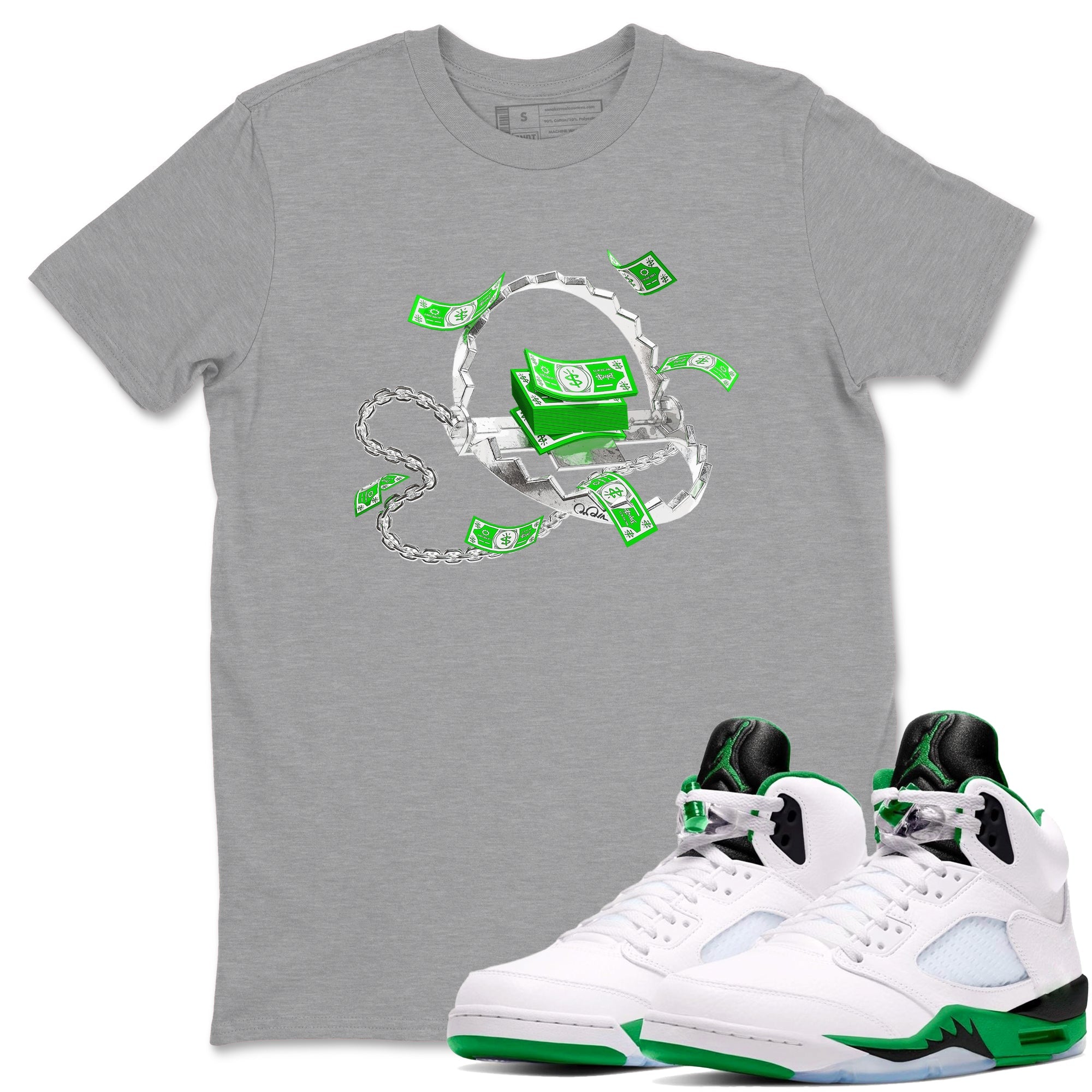 Air Jordan 5 Lucky Green shirt to match jordans Trap Money sneaker tees AJ5 Lucky Green Drip Gear Zone unisex cotton Heather Grey 1 crew neck shirt