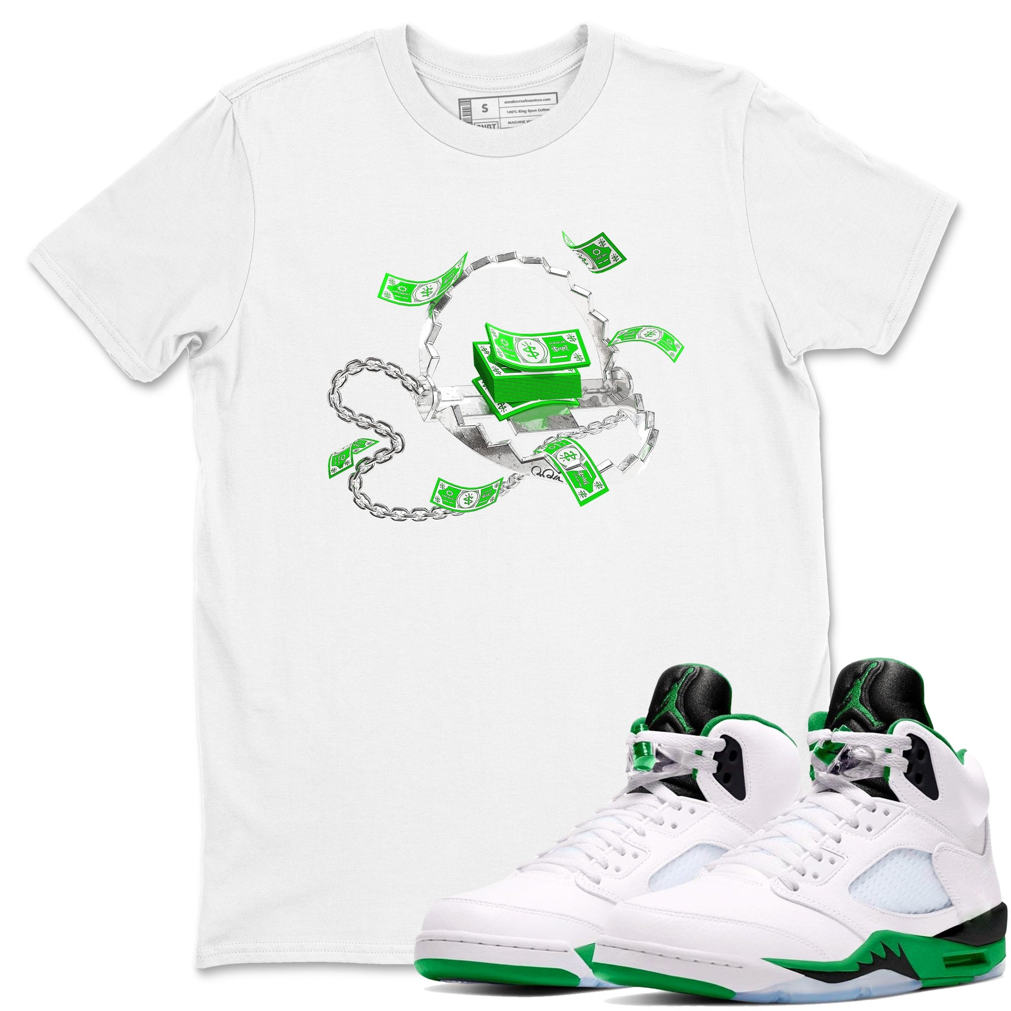 Air Jordan 5 Lucky Green shirt to match jordans Trap Money sneaker tees AJ5 Lucky Green Drip Gear Zone unisex cotton White 1 crew neck shirt
