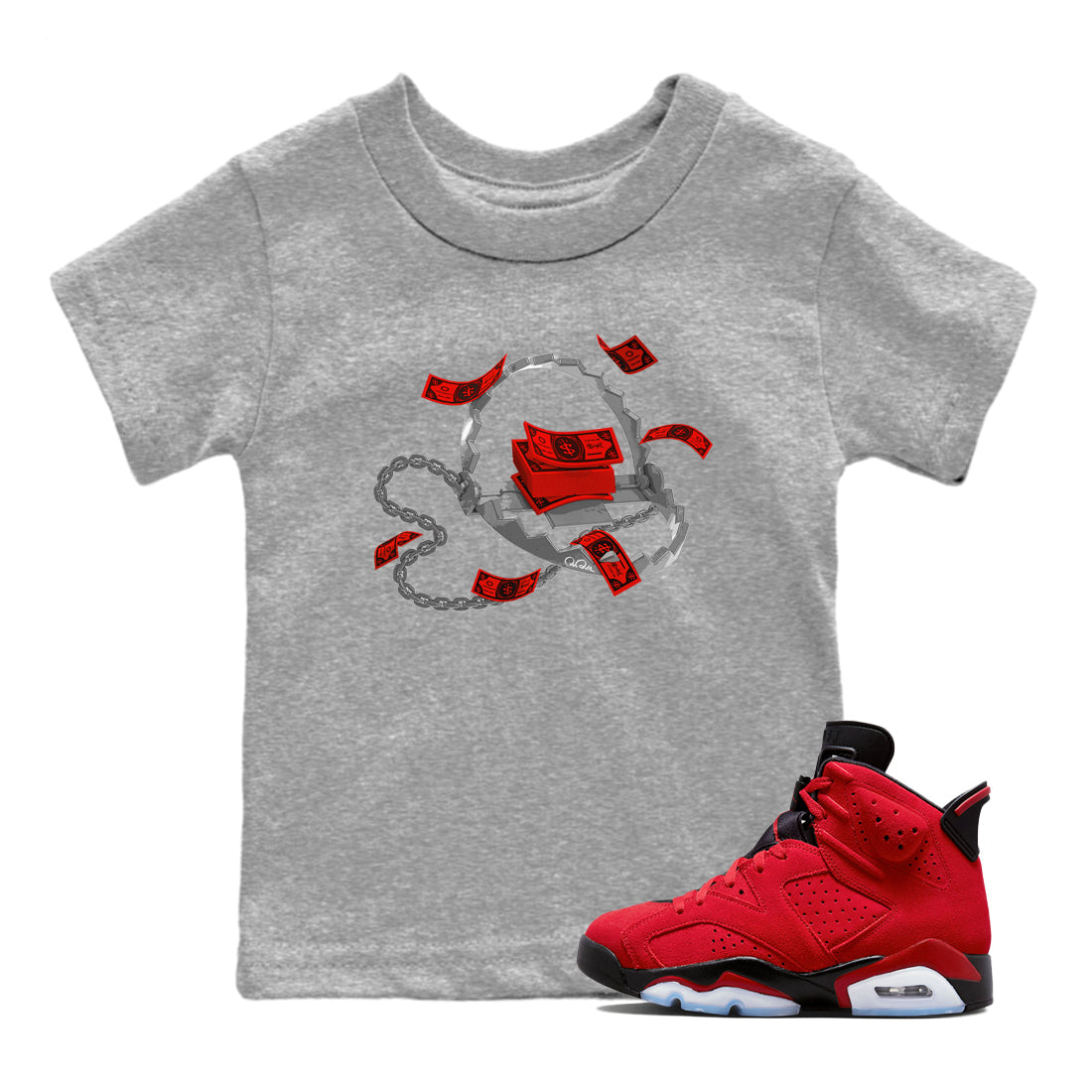Air Jordan 6 Toro Bravo Sneaker Match Tees Trap Money Streetwear Sneaker Shirt AJ6 Toro Bravo Sneaker Release Tees Kids Shirts Heather Grey 1