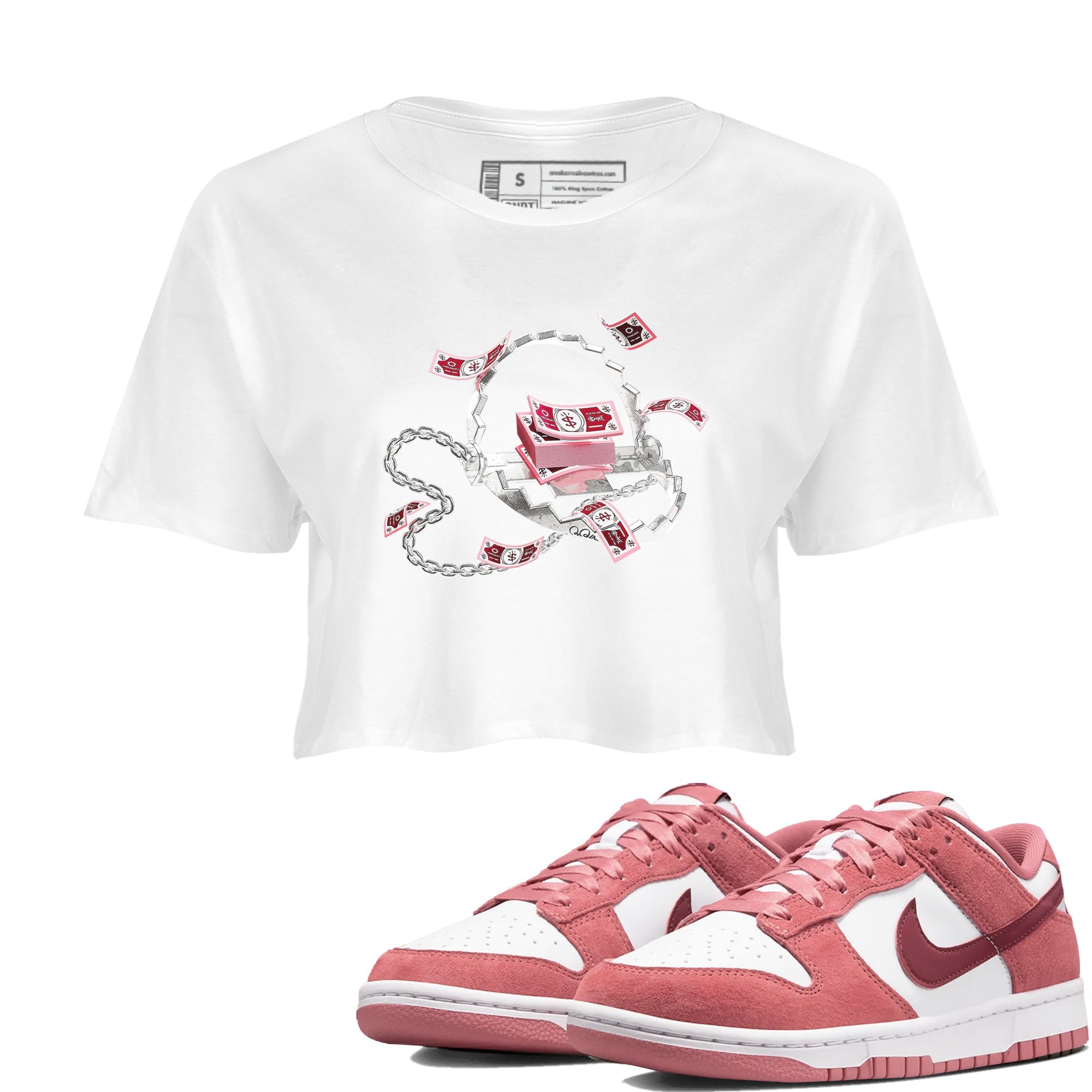 Dunk Valentines Day 2024 shirt to match jordans Trap Money sneaker tees Valentines Day Gift Drip Gear Zone White 1 crop length shirt