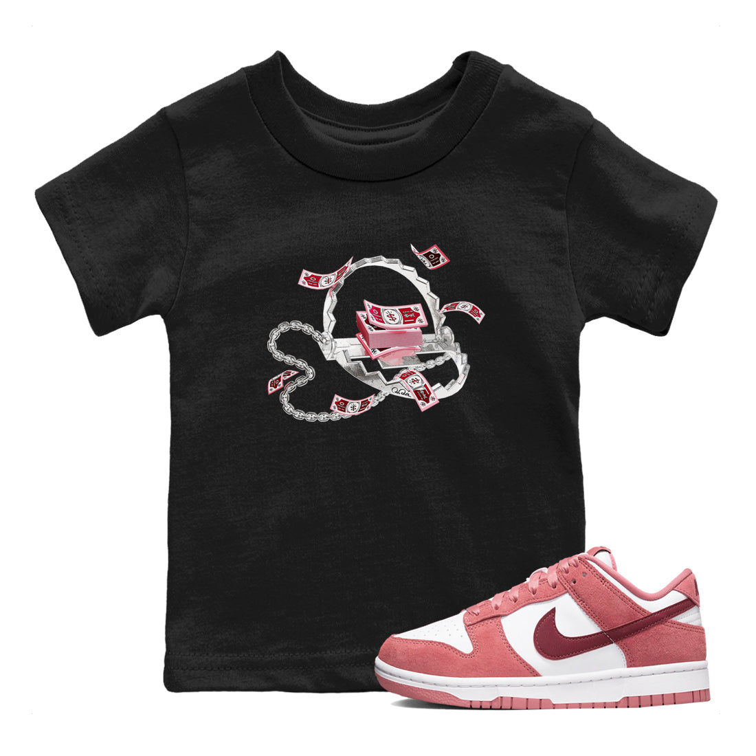 Dunk Valentines Day 2024 shirt to match jordans Trap Money sneaker tees Valentines Day Gift Drip Gear Zone baby toddler Black 1 cotton Shirt