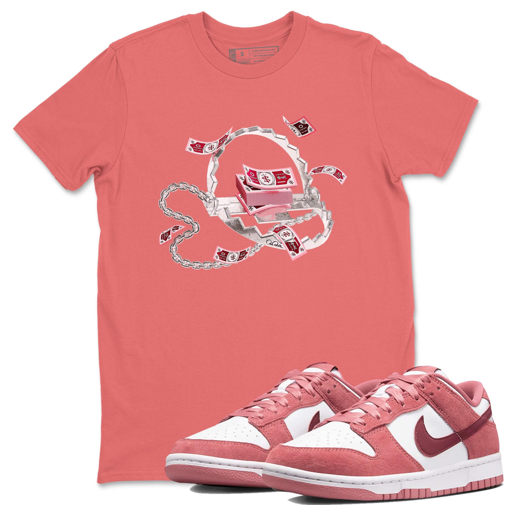 Dunk Valentines Day 2024 shirt to match jordans Trap Money sneaker tees Valentines Day Gift Drip Gear Zone unisex cotton Coral 1 crew neck shirt