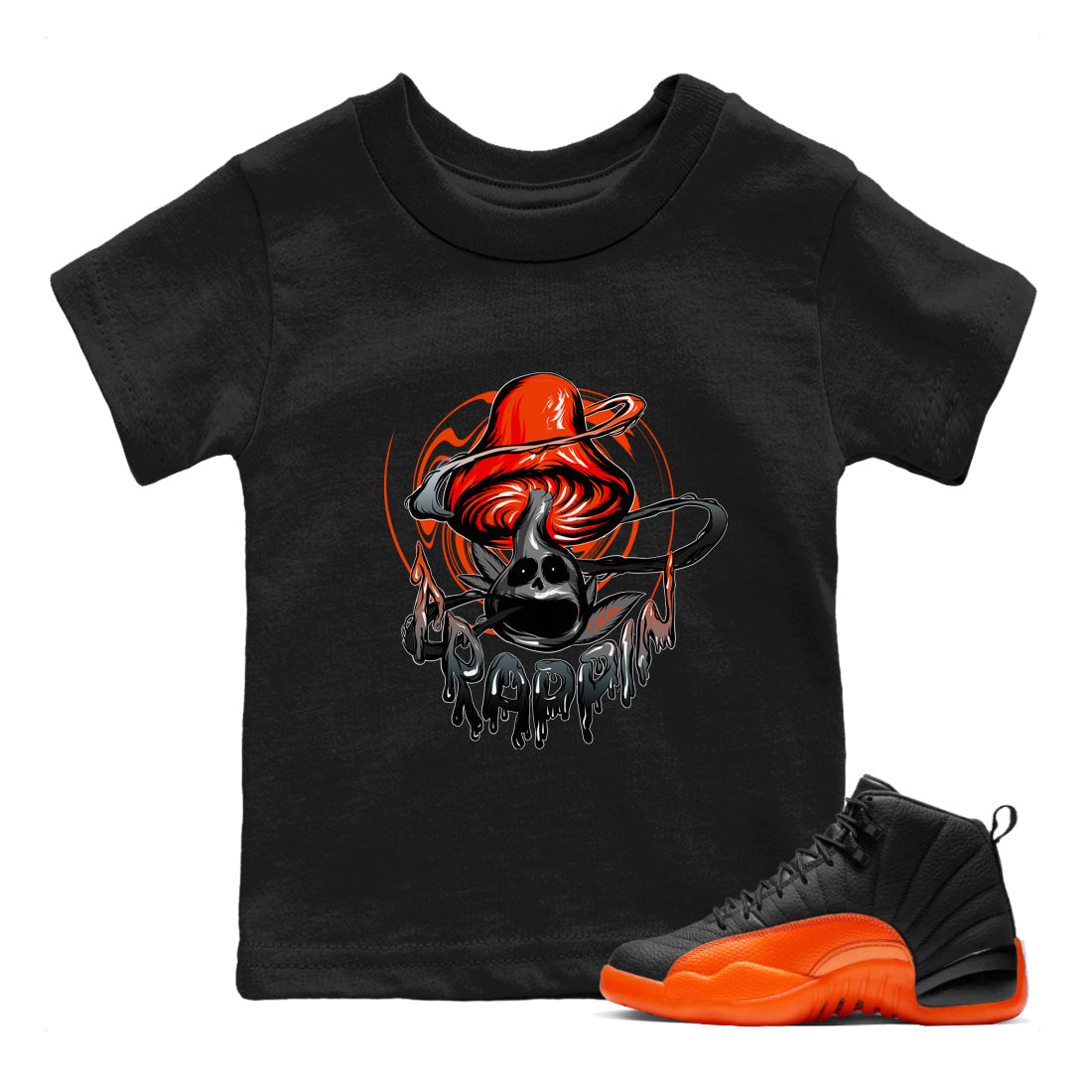 Air Jordan 12 Brilliant Orange Sneaker Match Tees Trippin Mushroom Streetwear Sneaker Shirt AJ12 Brilliant Orange Sneaker Release Tees Kids Shirts Black 1