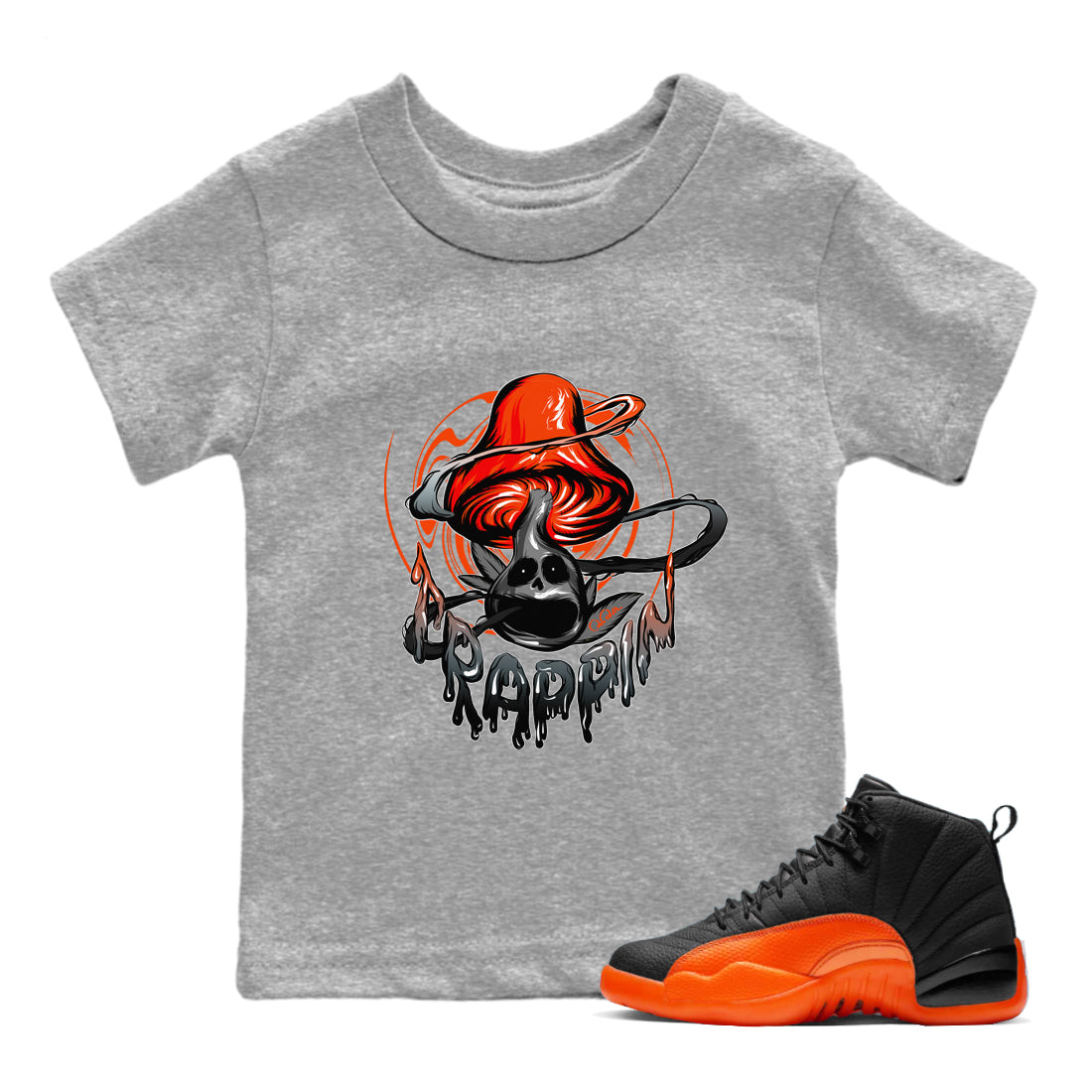 Air Jordan 12 Brilliant Orange Trippin Mushroom Baby and Kids Streetwear Sneaker Shirt AJ12 Brilliant Orange Kids Streetwear Sneaker Shirt Size Chart