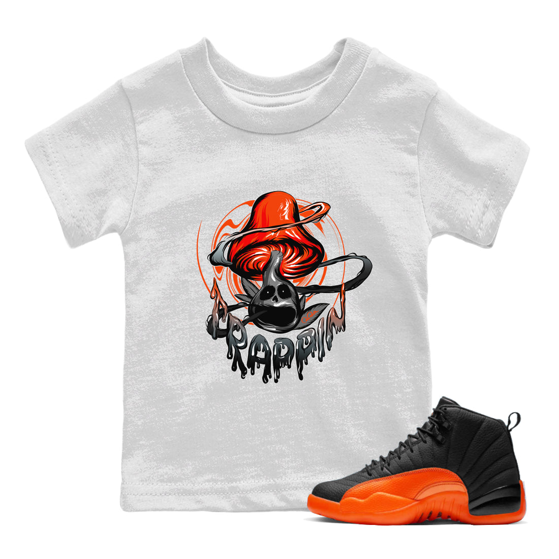Air Jordan 12 Brilliant Orange Sneaker Match Tees Trippin Mushroom Streetwear Sneaker Shirt AJ12 Brilliant Orange Sneaker Release Tees Kids Shirts White 1