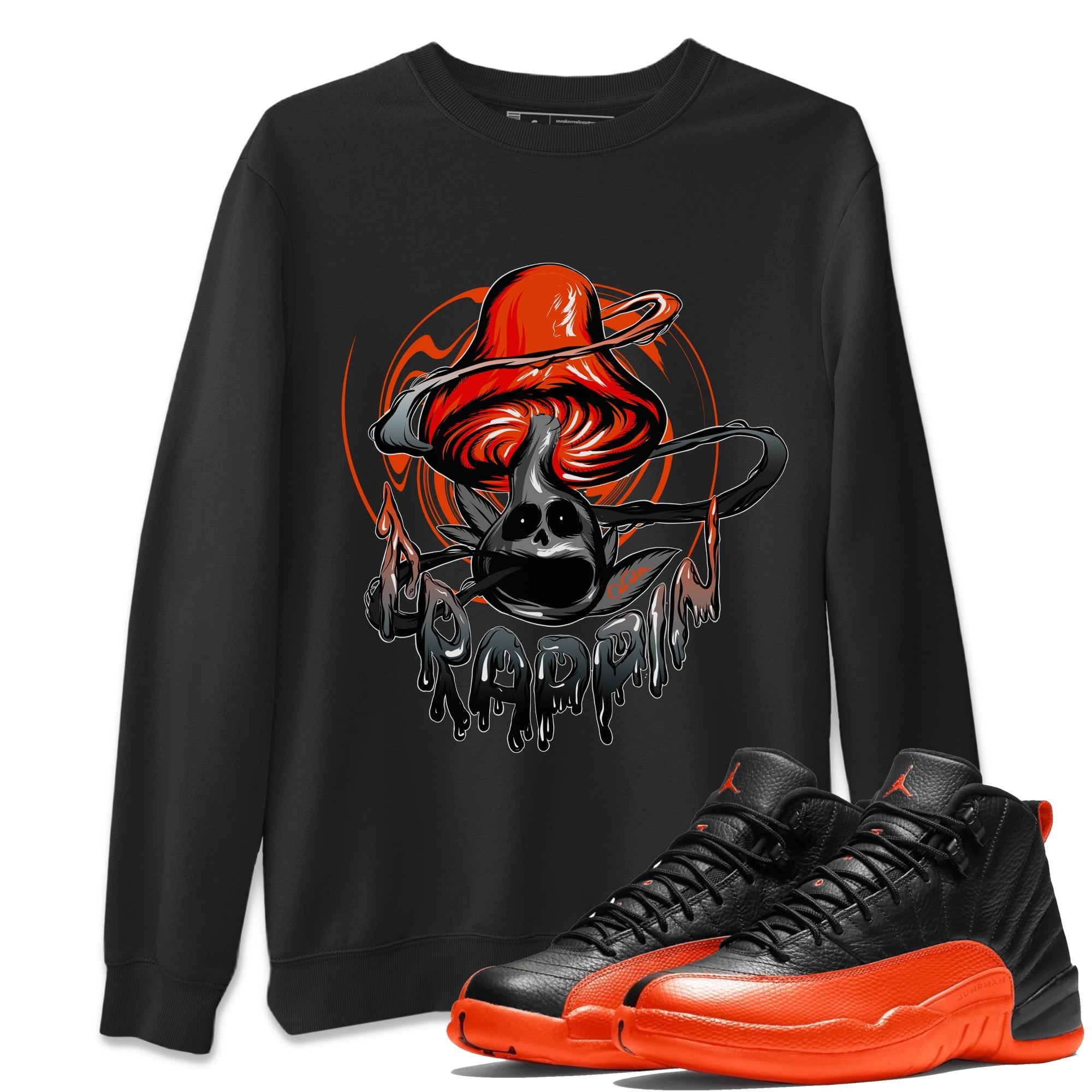 Air Jordan 12 Brilliant Orange Sneaker Match Tees Trippin Mushroom Streetwear Sneaker Shirt AJ12 Brilliant Orange Sneaker Release Tees Unisex Shirts Black 1