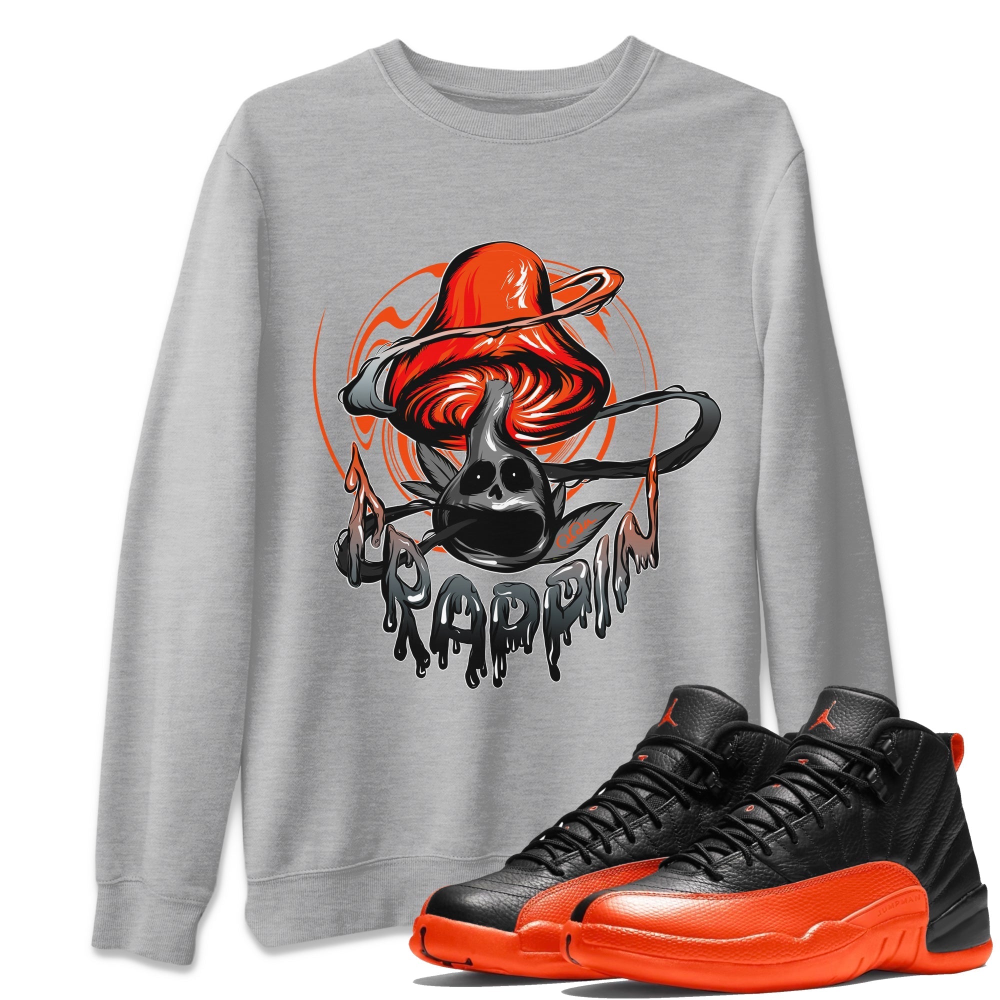 Air Jordan 12 Brilliant Orange Sneaker Match Tees Trippin Mushroom Streetwear Sneaker Shirt AJ12 Brilliant Orange Sneaker Release Tees Unisex Shirts Heather Grey 1