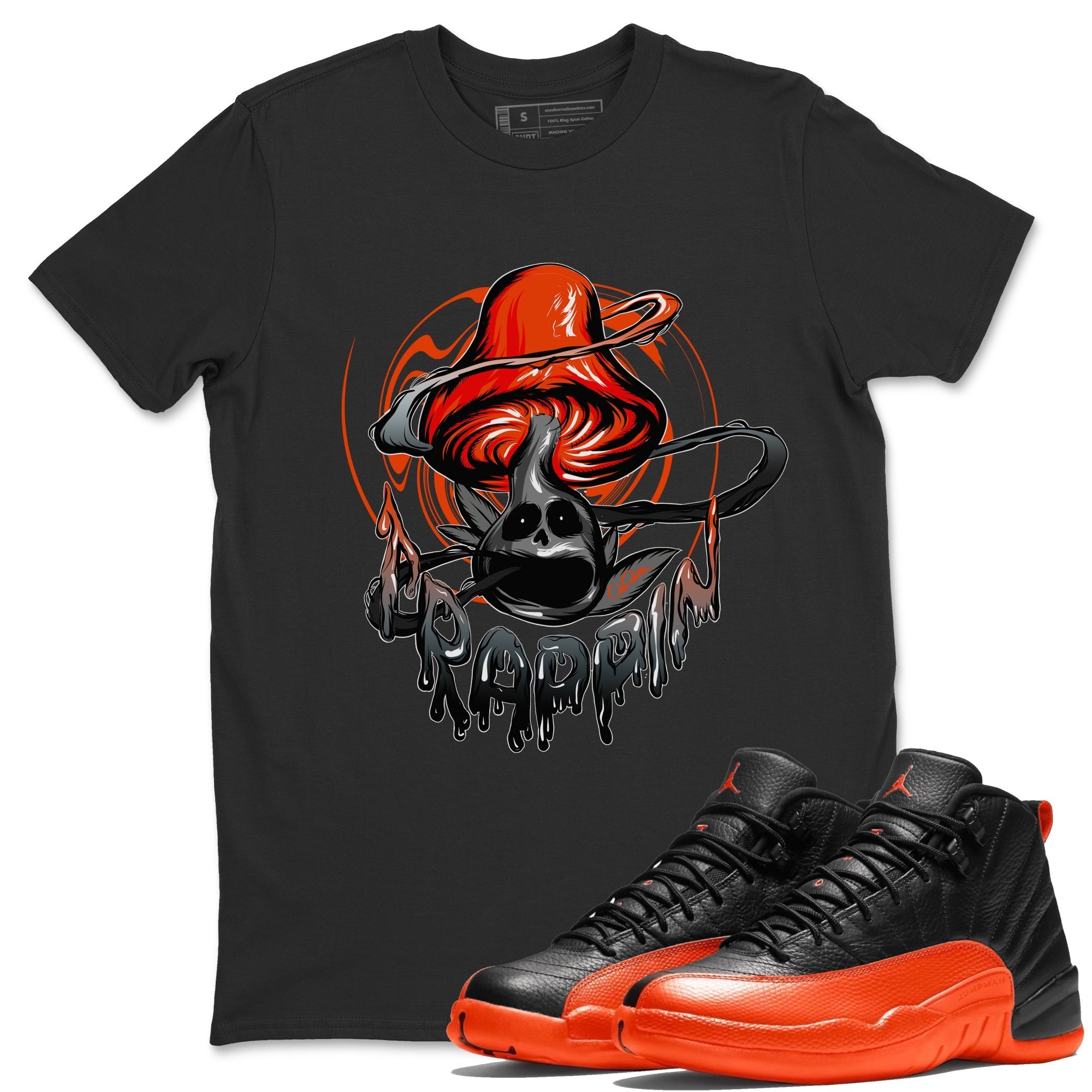 Air Jordan 12 Brilliant Orange Sneaker Match Tees Trippin Mushroom Streetwear Sneaker Shirt AJ12 Brilliant Orange Sneaker Release Tees Unisex Shirts Black 1
