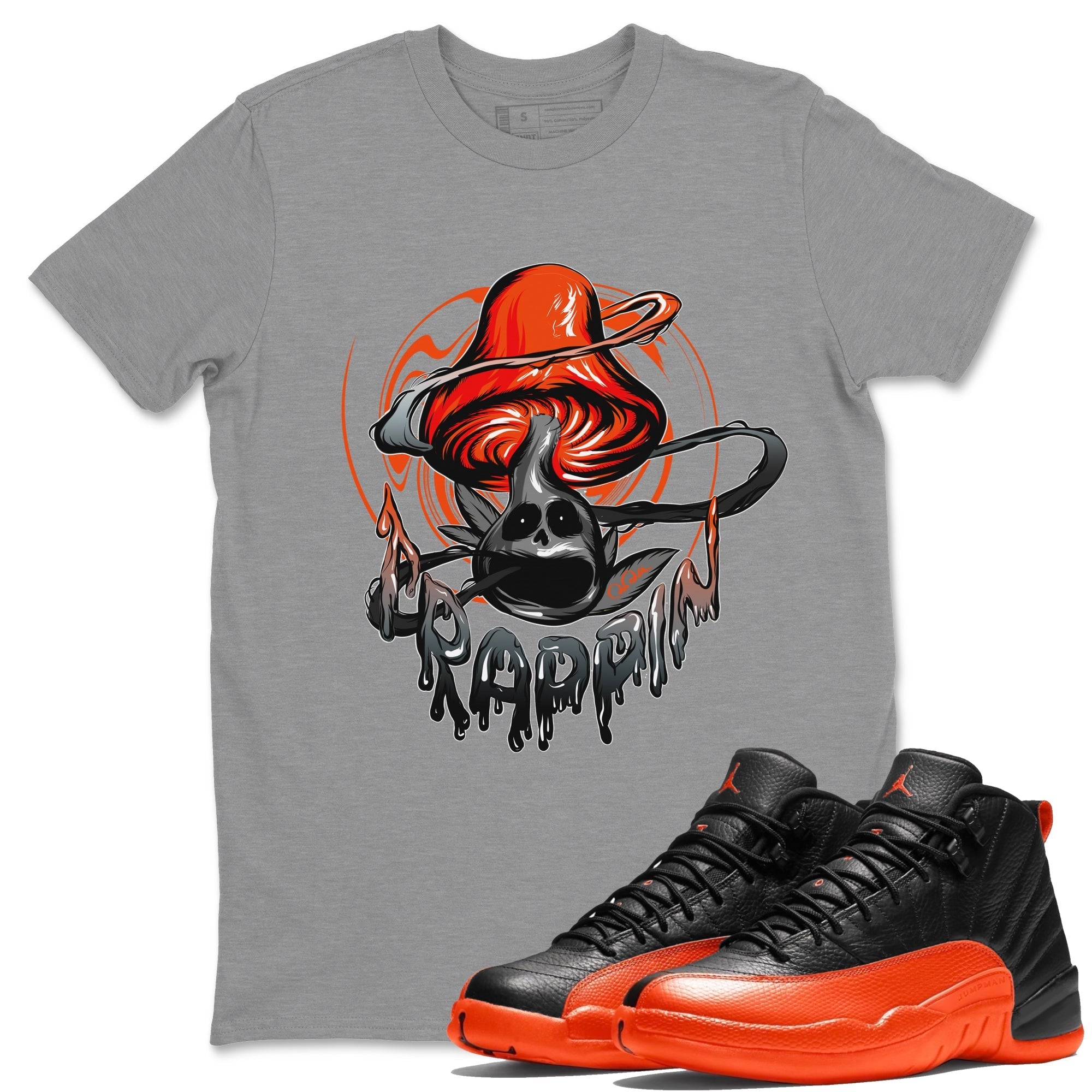 Air Jordan 12 Brilliant Orange Trippin Mushroom Crew Neck Streetwear Sneaker Shirt AJ12 Brilliant Orange Sneaker T-Shirts Size Chart