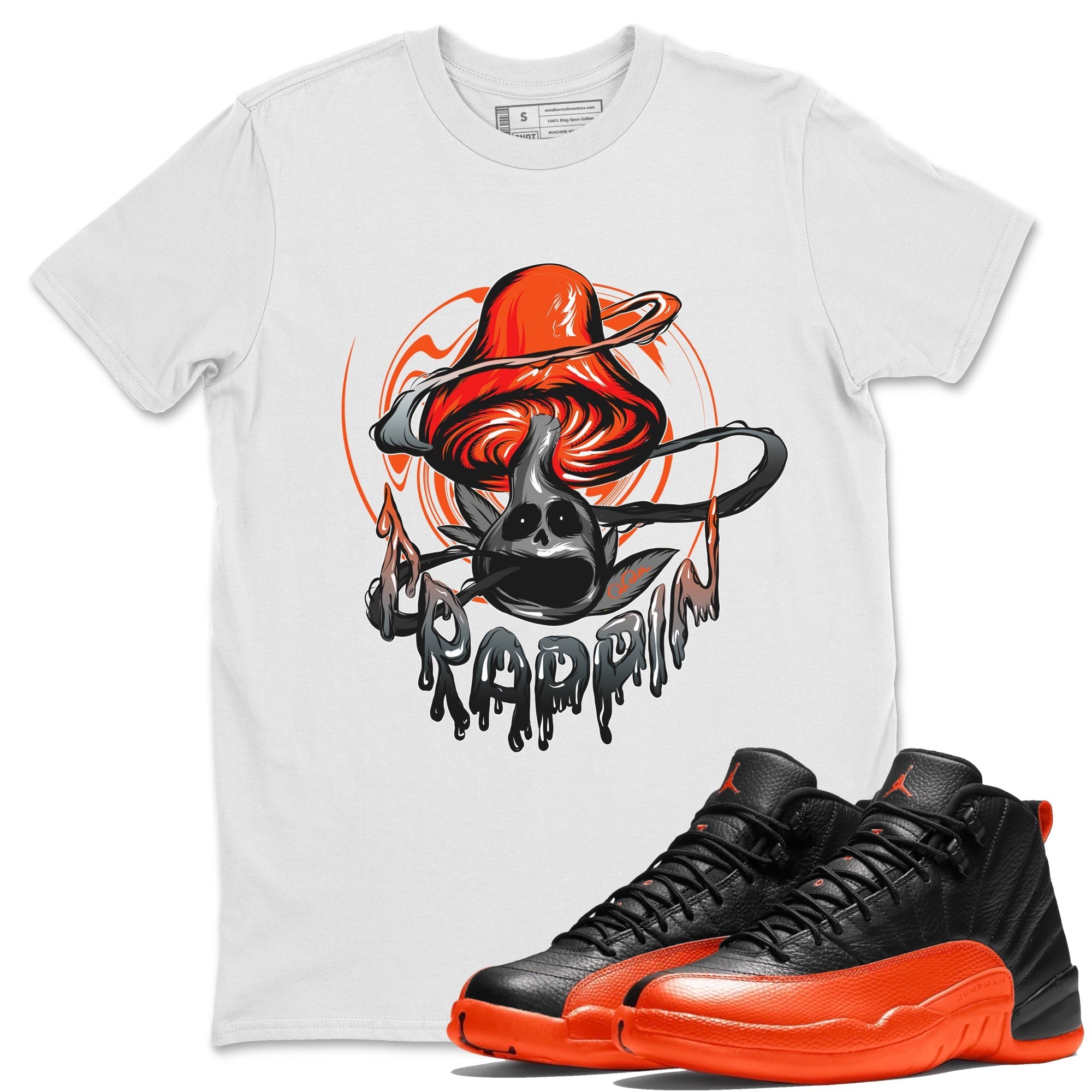 Air Jordan 12 Brilliant Orange Sneaker Match Tees Trippin Mushroom Streetwear Sneaker Shirt AJ12 Brilliant Orange Sneaker Release Tees Unisex Shirts White 1