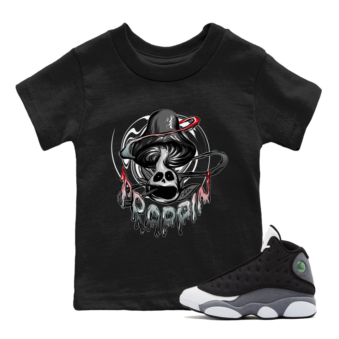 Air Jordan 13 Black Flint Sneaker Match Tees Trippin Mushroom Streetwear Sneaker Shirt AJ13 Retro Black Flint Sneaker Release Tees Kids Shirts Black 1