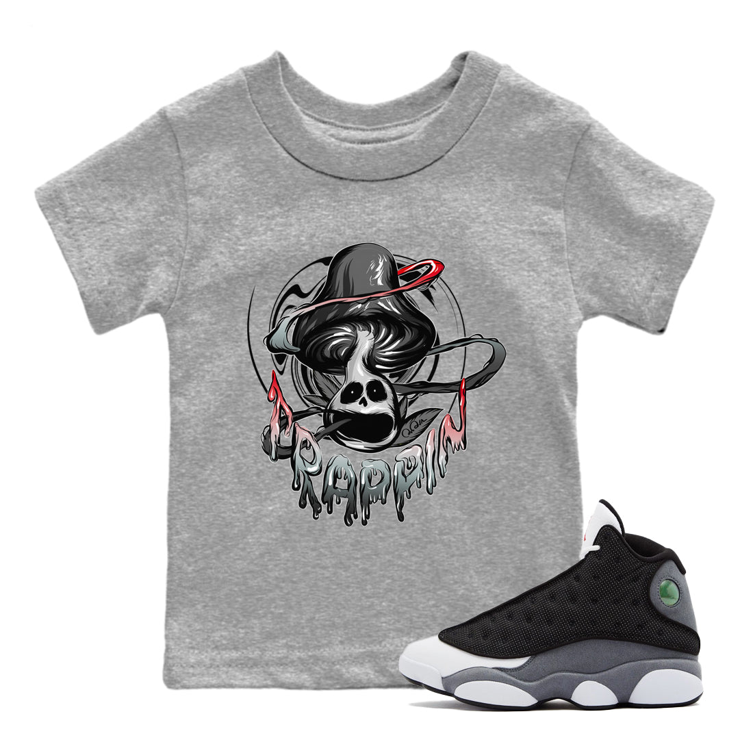 Air Jordan 13 Black Flint Sneaker Match Tees Trippin Mushroom Streetwear Sneaker Shirt AJ13 Retro Black Flint Sneaker Release Tees Kids Shirts Heather Grey 1