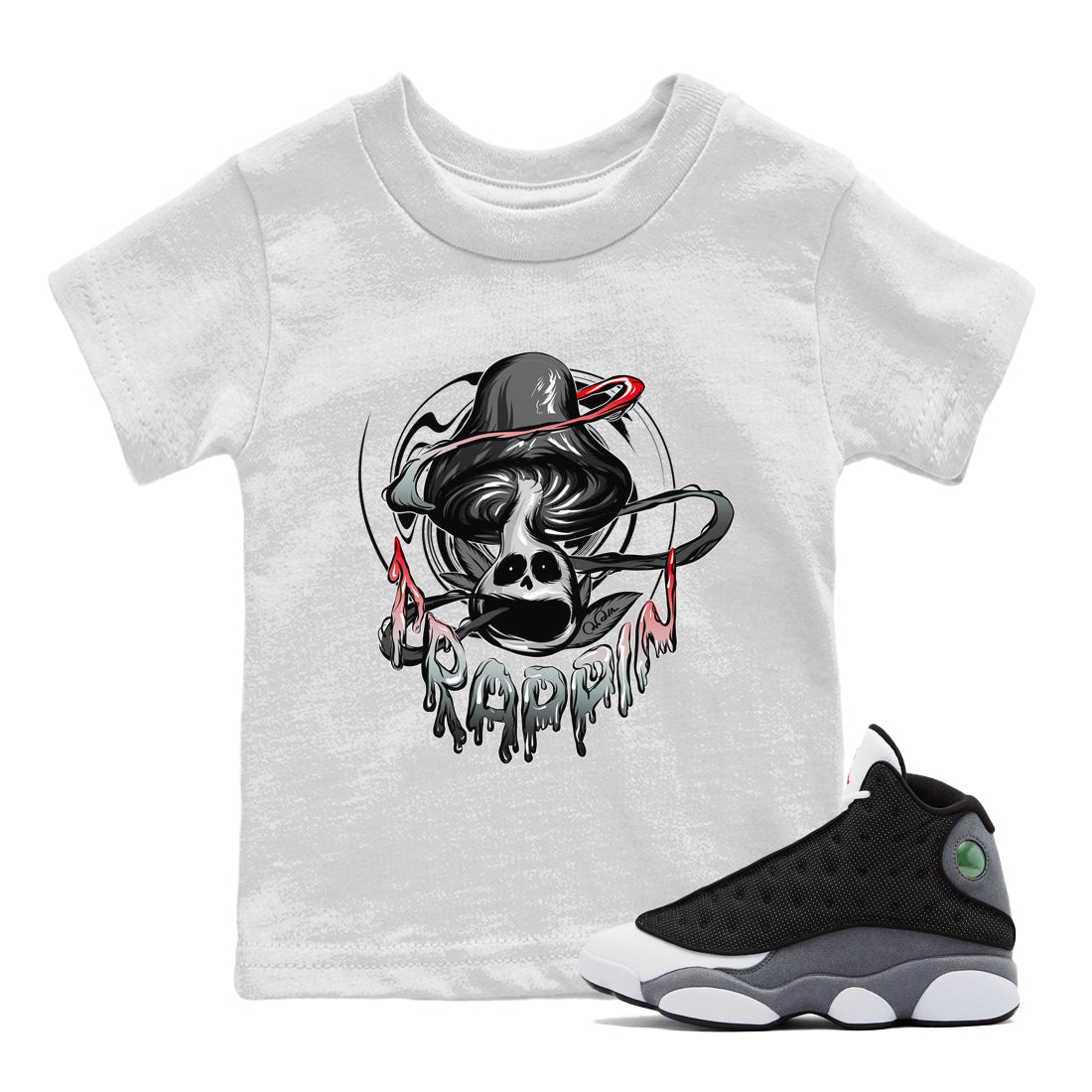 Air Jordan 13 Black Flint Sneaker Match Tees Trippin Mushroom Streetwear Sneaker Shirt AJ13 Retro Black Flint Sneaker Release Tees Kids Shirts White 1