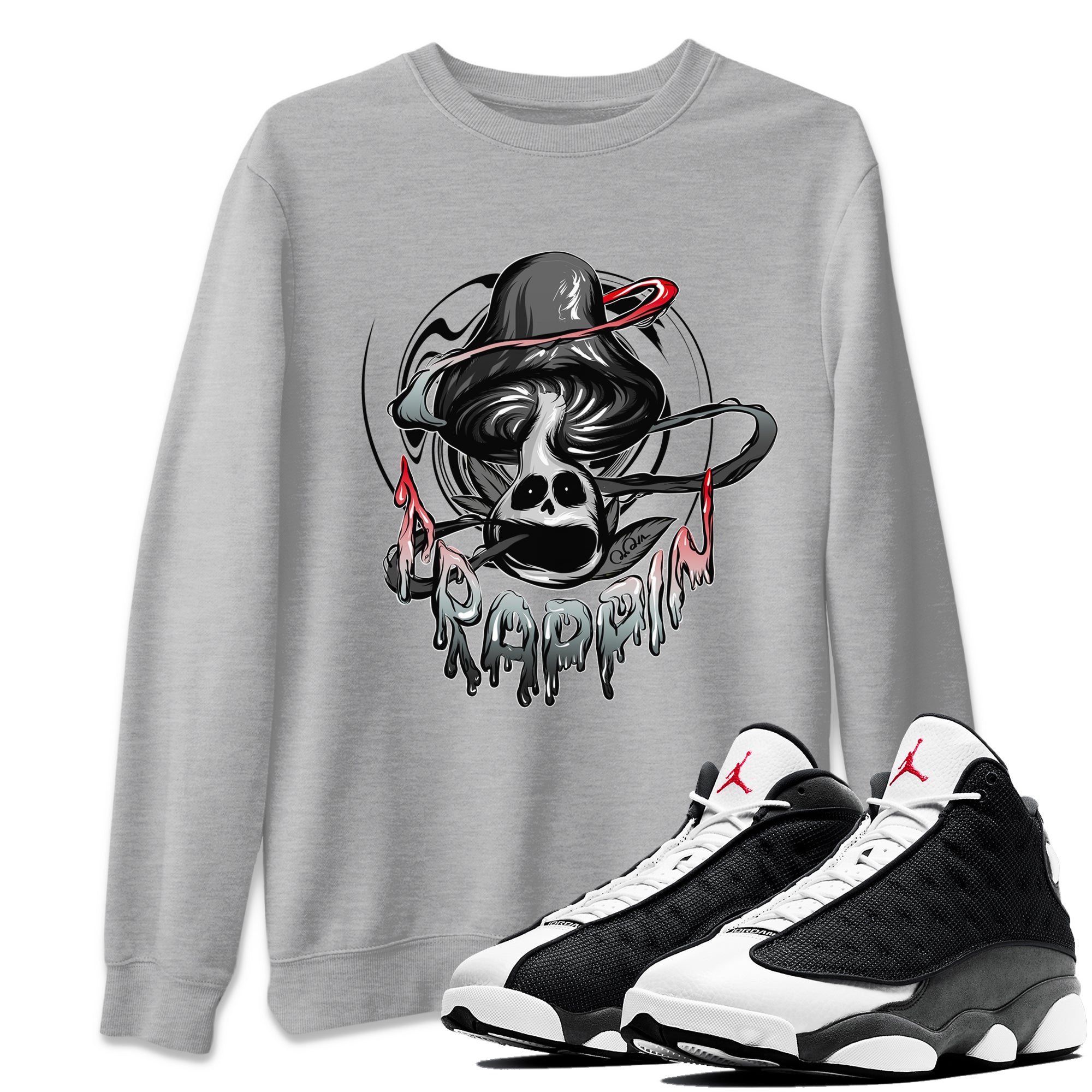 Air Jordan 13 Black Flint Sneaker Match Tees Trippin Mushroom Streetwear Sneaker Shirt AJ13 Retro Black Flint Sneaker Release Tees Unisex Shirts Heather Grey 1