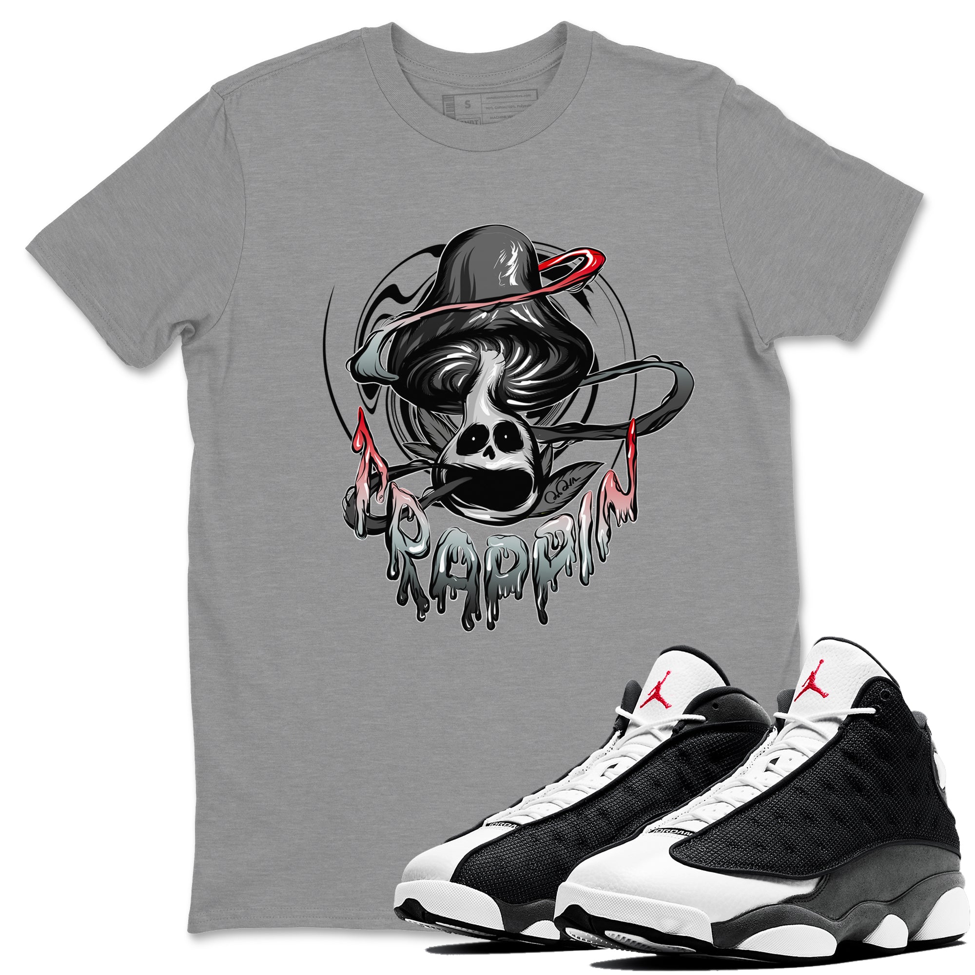 Air Jordan 13 Black Flint Sneaker Match Tees Trippin Mushroom Streetwear Sneaker Shirt AJ13 Retro Black Flint Sneaker Release Tees Unisex Shirts Heather Grey 1