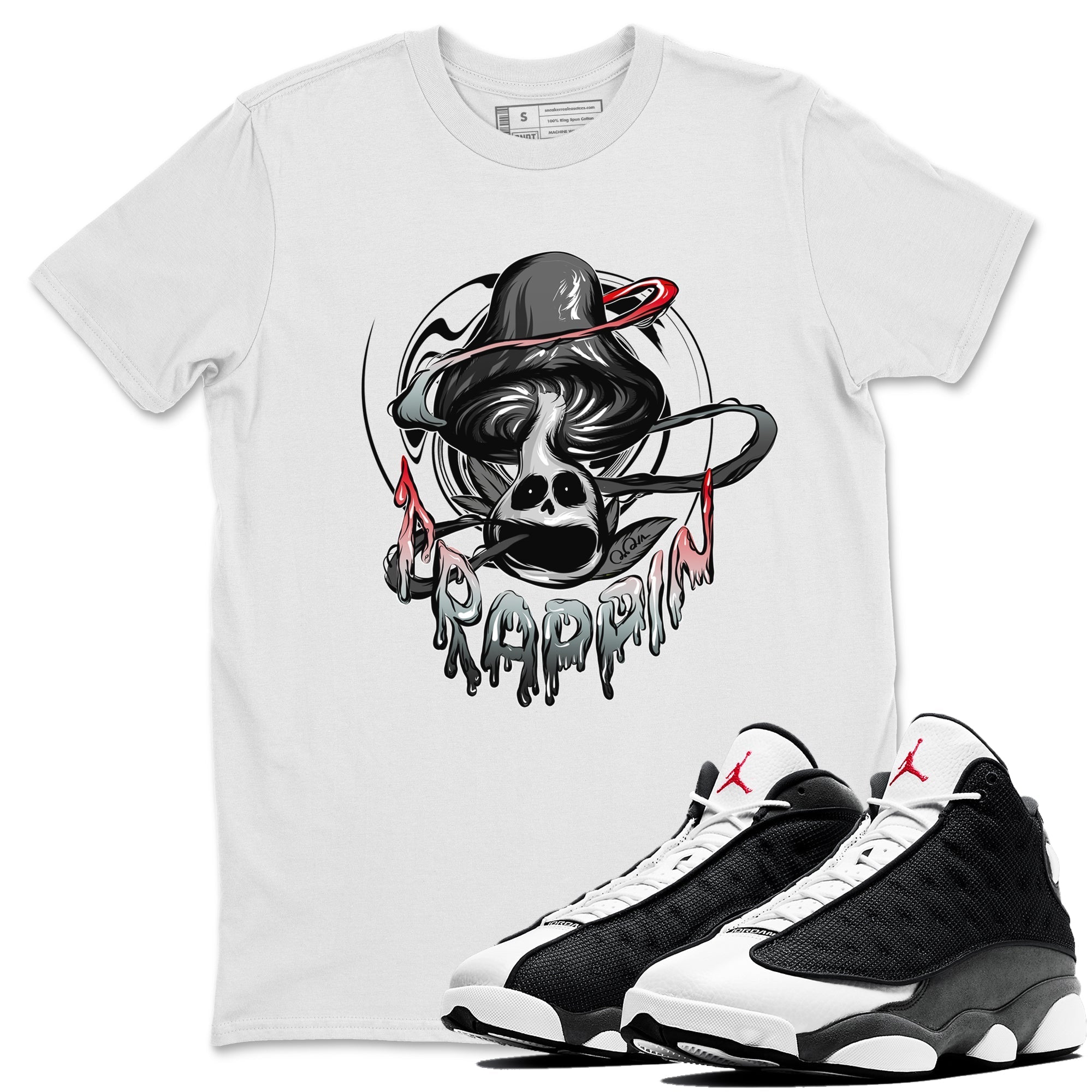 Air Jordan 13 Black Flint Sneaker Match Tees Trippin Mushroom Streetwear Sneaker Shirt AJ13 Retro Black Flint Sneaker Release Tees Unisex Shirts White 1