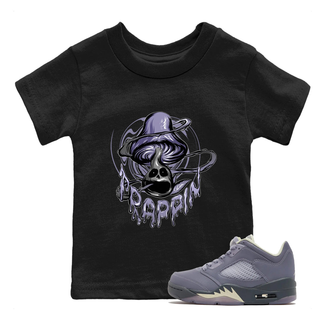 Air Jordan 5 Indigo Haze Sneaker Match Tees Trippin Mushroom Sneaker Tees AJ5 Indigo Haze Sneaker Release Tees Kids Shirts Black 1