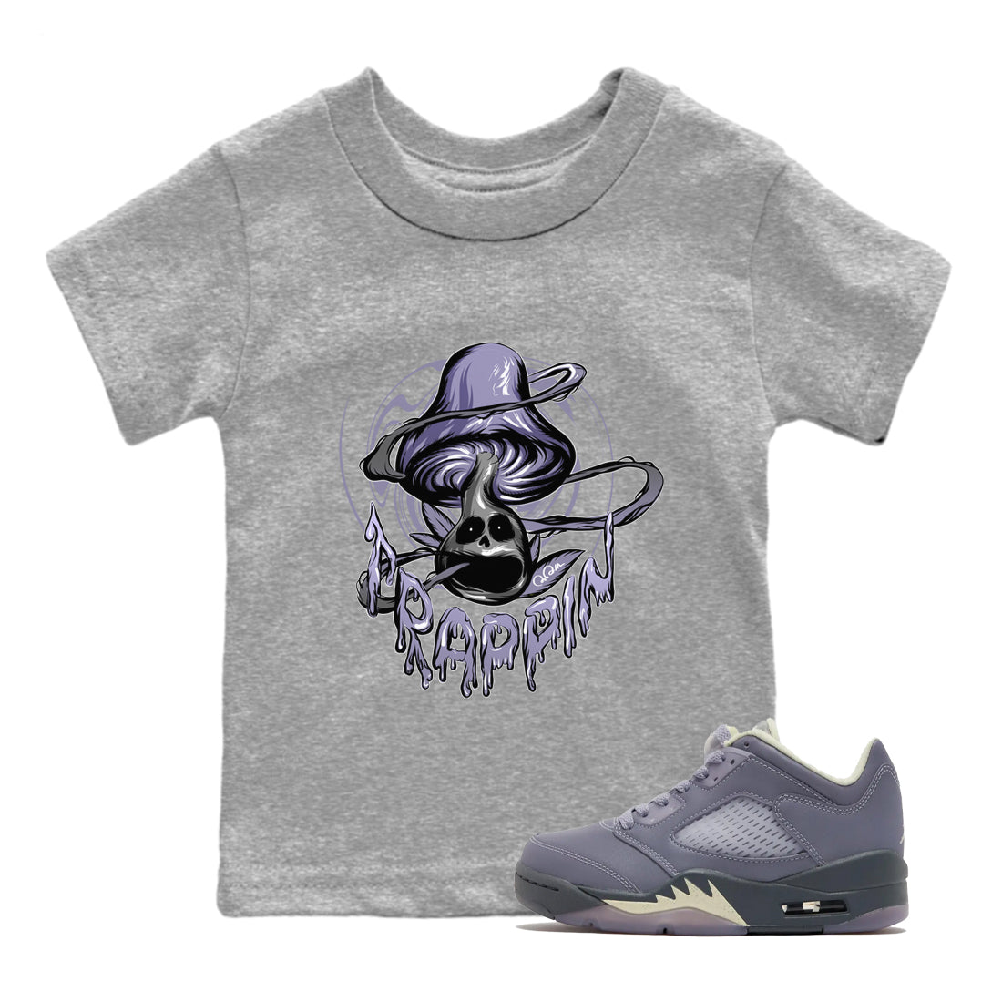 Air Jordan 5 Indigo Haze Sneaker Match Tees Trippin Mushroom Sneaker Tees AJ5 Indigo Haze Sneaker Release Tees Kids Shirts Heather Grey 1