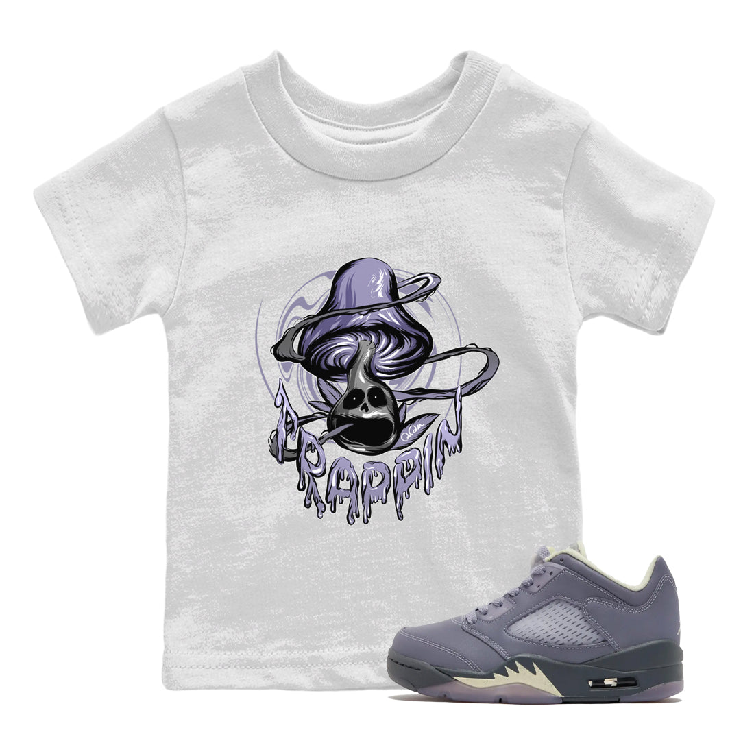 Air Jordan 5 Indigo Haze Sneaker Match Tees Trippin Mushroom Sneaker Tees AJ5 Indigo Haze Sneaker Release Tees Kids Shirts White 1